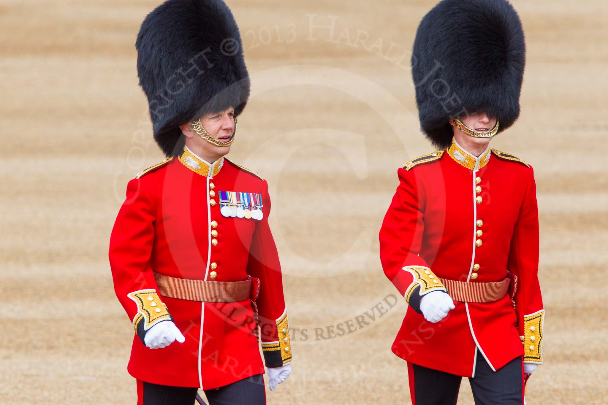 The Colonel's Review 2013: Major J A Hughes and Second Lieutenant P M Prys-Roberts, No. 5 Guard, F Company Scots Guards, following the Keepers of the Ground to Horse Guards Arch..
Horse Guards Parade, Westminster,
London SW1,

United Kingdom,
on 08 June 2013 at 09:53, image #23