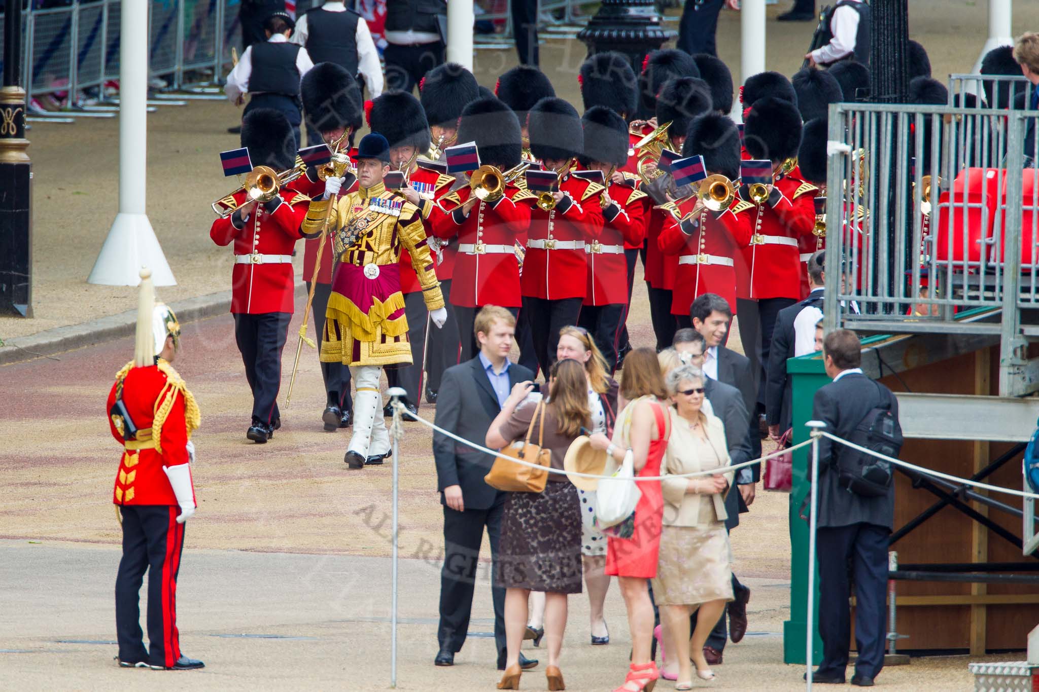 The Colonel's Review 2013: The first of the bands marching down Horse Guards Road from The Mall - the Band of the Coldstream Guards, lead by Senior Drum Major Matthew Betts, Grenadier Guards..
Horse Guards Parade, Westminster,
London SW1,

United Kingdom,
on 08 June 2013 at 10:12, image #39