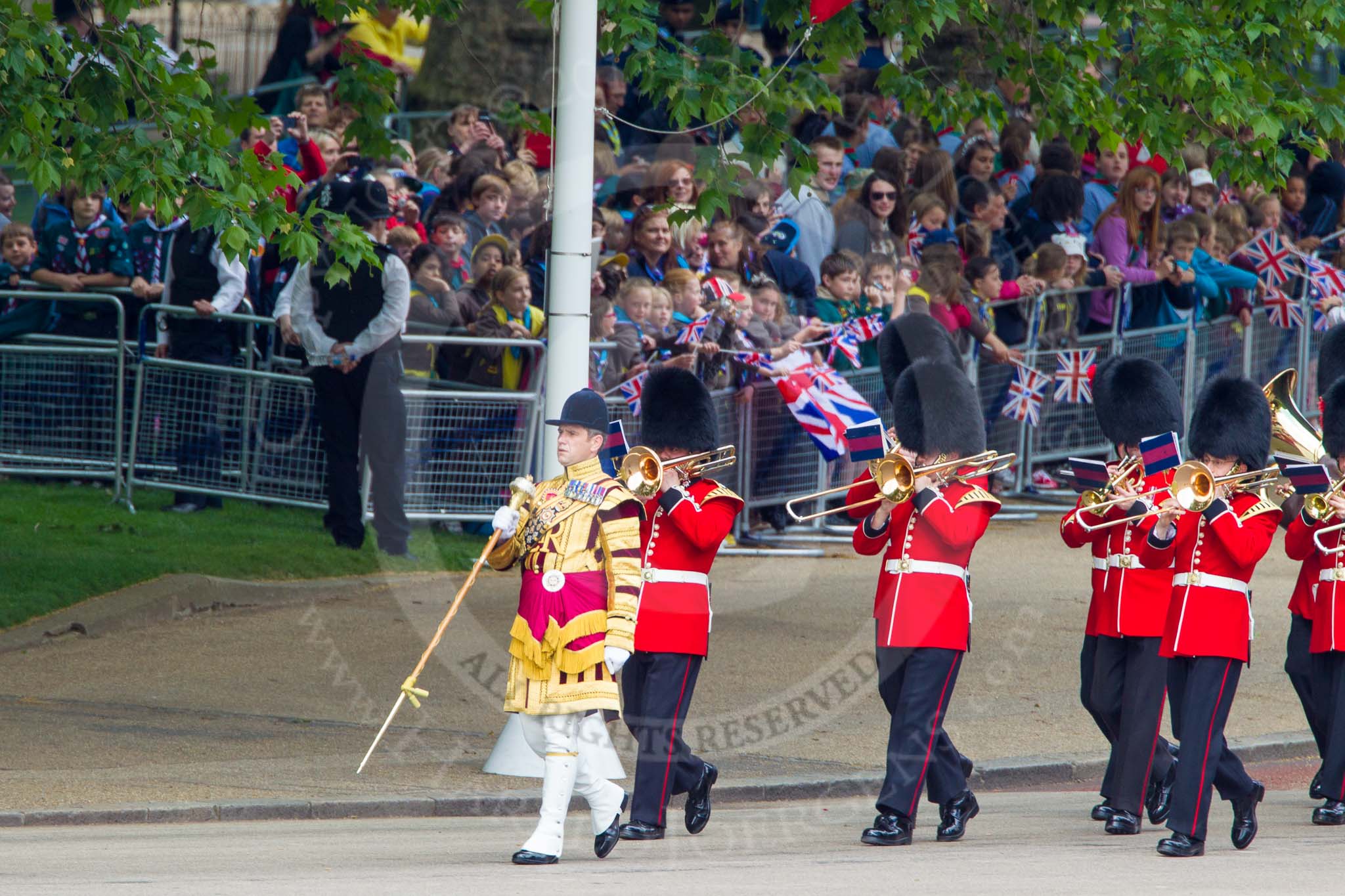 The Colonel's Review 2013: The first of the bands marching down Horse Guards Road from The Mall - the Band of the Coldstream Guards, led by Senior Drum Major Matthew Betts, Grenadier Guards..
Horse Guards Parade, Westminster,
London SW1,

United Kingdom,
on 08 June 2013 at 10:12, image #40