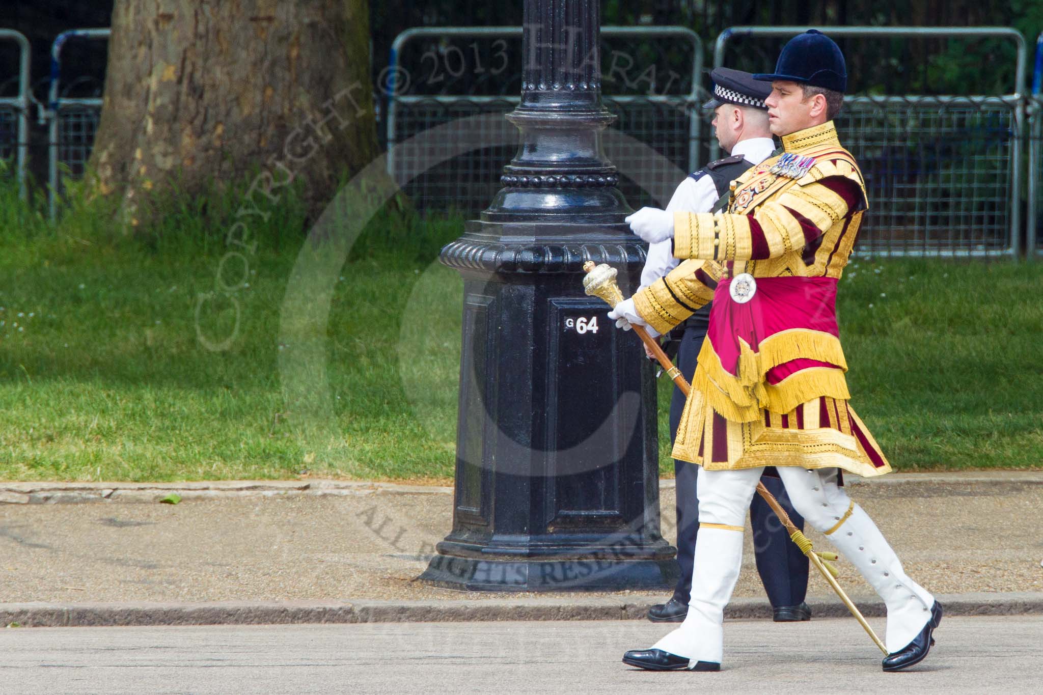 The Colonel's Review 2013: Senior Drum Major Matthew Betts, Grenadier Guards, leading the Band of the Coldstream Guards..
Horse Guards Parade, Westminster,
London SW1,

United Kingdom,
on 08 June 2013 at 10:13, image #42