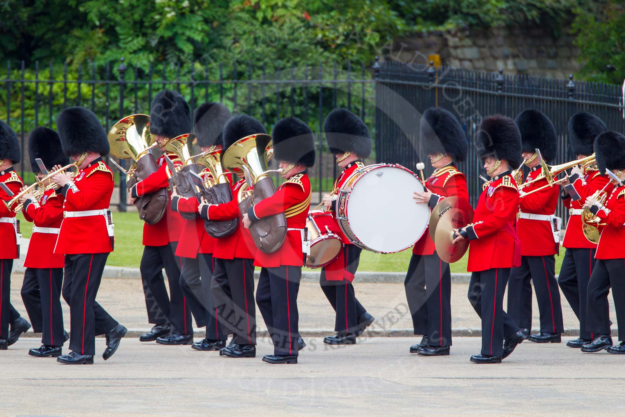 The Colonel's Review 2013: Musicians of the Band of the Coldstream Guards marching on Horse Guards Road..
Horse Guards Parade, Westminster,
London SW1,

United Kingdom,
on 08 June 2013 at 10:13, image #46