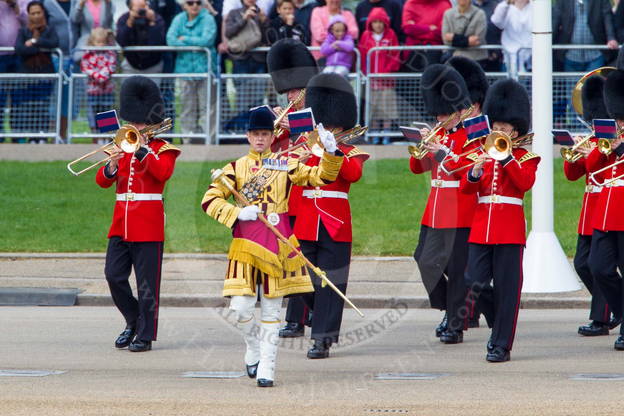 The Colonel's Review 2013: The Band of the Coldstream Guards, led by Senior Drum Major Matthew Betts, Grenadier Guards, marching onto Horse Guards Parade..
Horse Guards Parade, Westminster,
London SW1,

United Kingdom,
on 08 June 2013 at 10:13, image #48