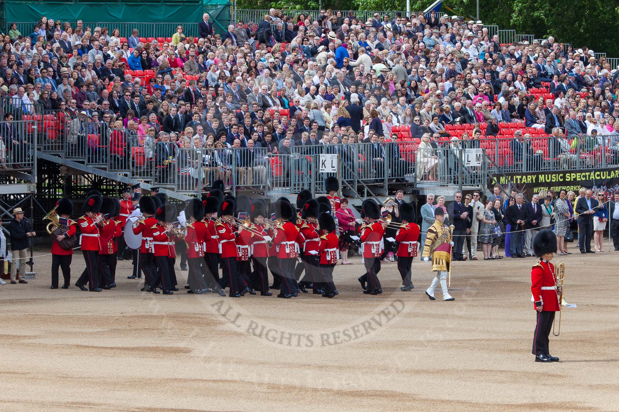 The Colonel's Review 2013: The Band of the Coldstream Guards about to change direction, Senior Drum Major Matthew Betts marching back between the lines of musicians..
Horse Guards Parade, Westminster,
London SW1,

United Kingdom,
on 08 June 2013 at 10:15, image #53
