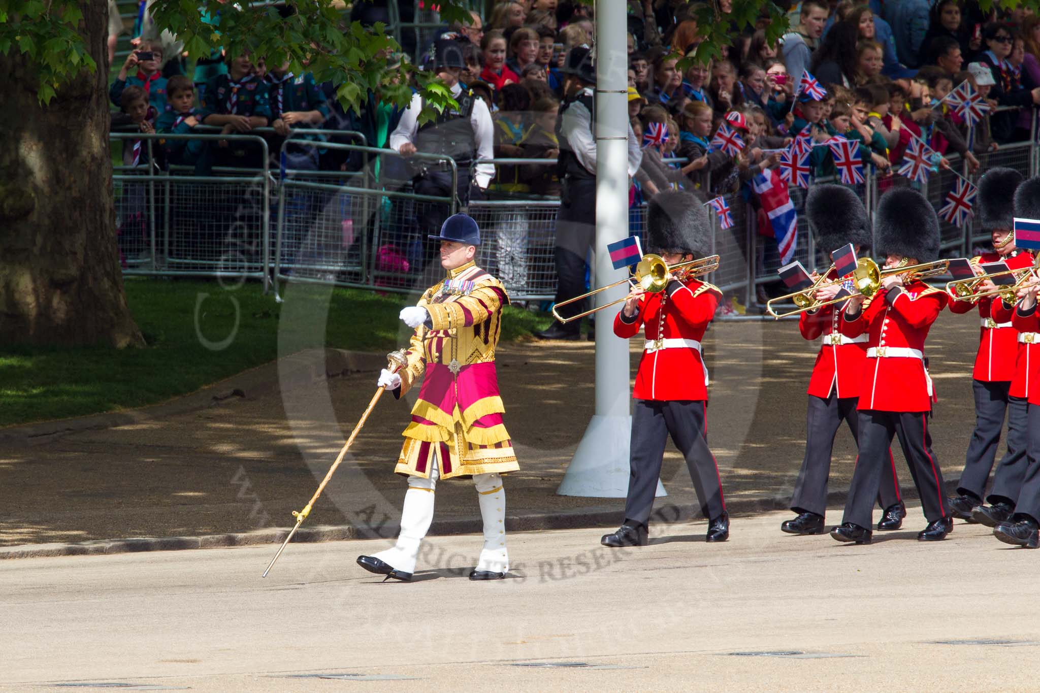 The Colonel's Review 2013: Drum Major Tony Taylor, Coldstream Guards, leading the second band to arrive at Horse Guards Parade, the Band of the Irish Guards..
Horse Guards Parade, Westminster,
London SW1,

United Kingdom,
on 08 June 2013 at 10:15, image #58