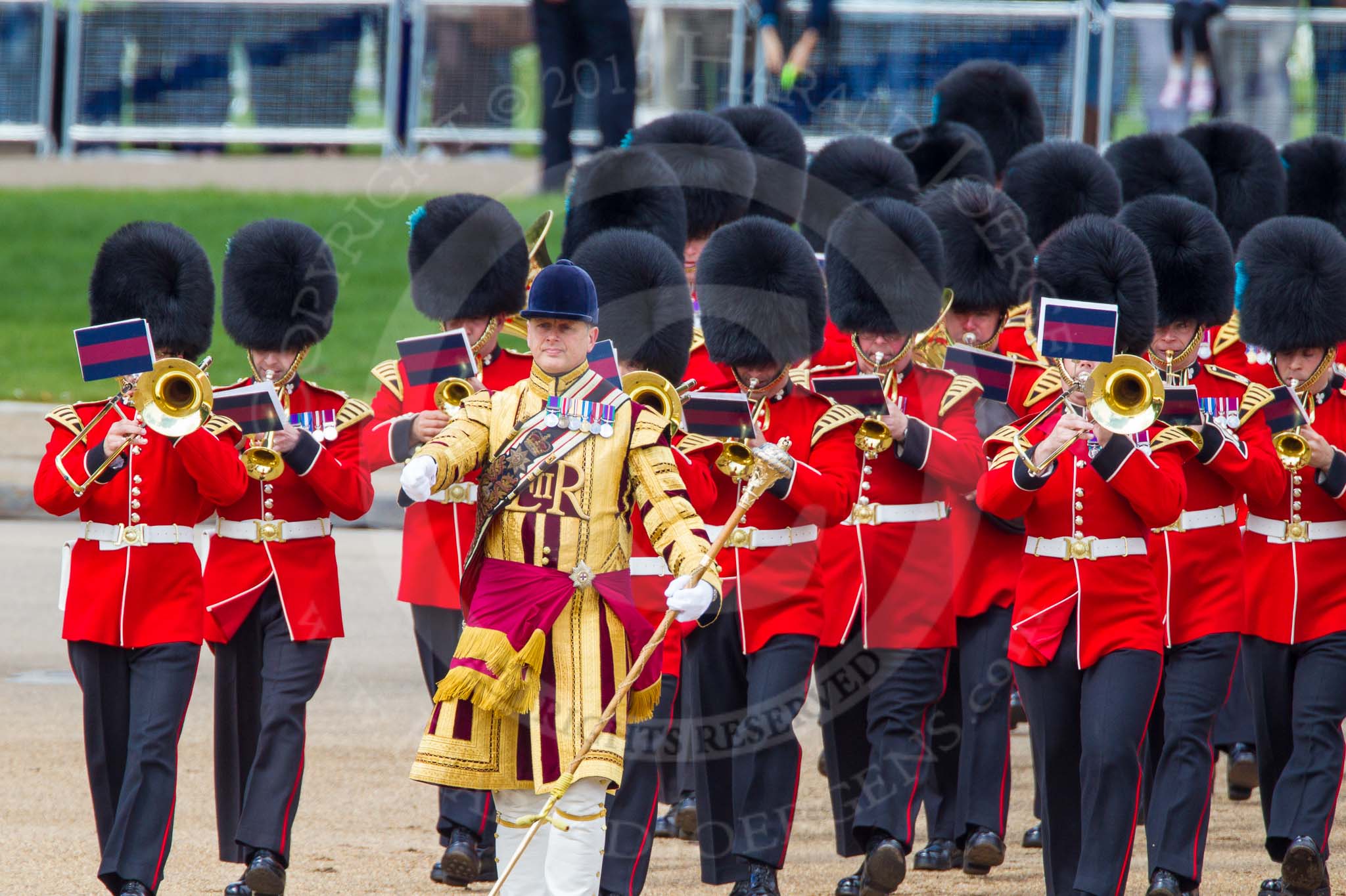 The Colonel's Review 2013: Drum Major Tony Taylor, Coldstream Guards, leading the second band to arrive at Horse Guards Parade, the Band of the Irish Guards..
Horse Guards Parade, Westminster,
London SW1,

United Kingdom,
on 08 June 2013 at 10:17, image #66