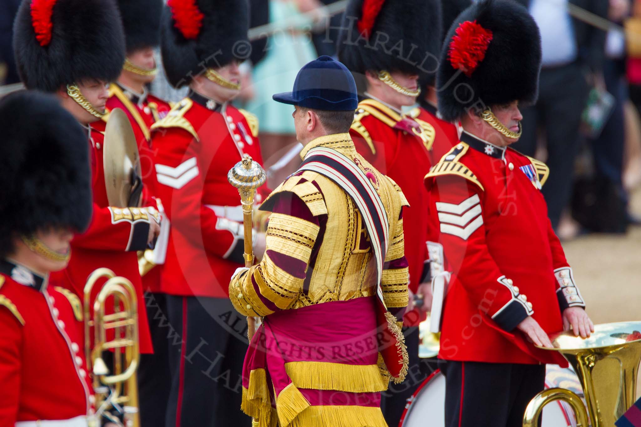 The Colonel's Review 2013: Drum Major Tony Taylor, Coldstream Guards, leading the Band of the Irish Guards past the Band of the Coldstream Guards that had arrived before..
Horse Guards Parade, Westminster,
London SW1,

United Kingdom,
on 08 June 2013 at 10:18, image #69