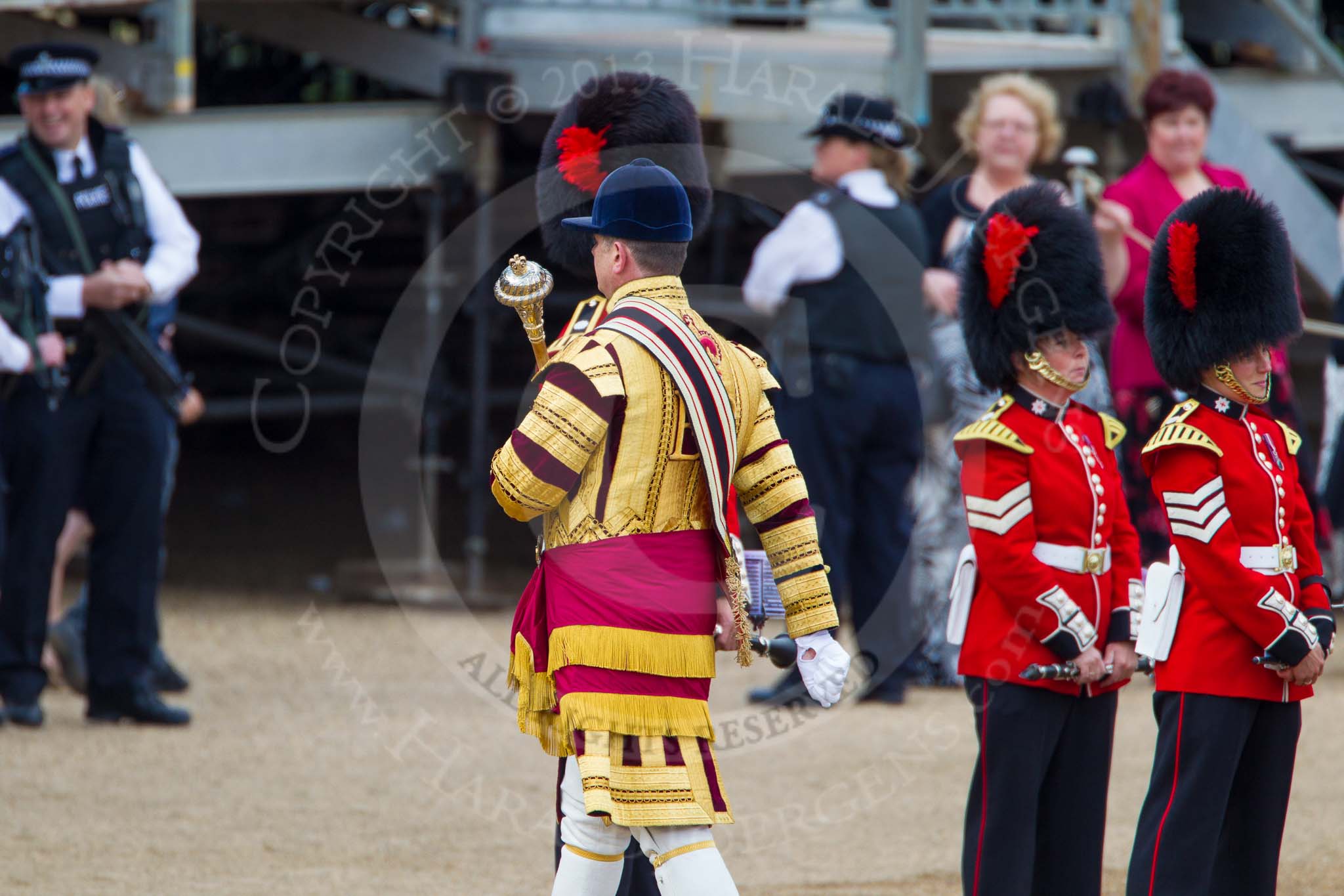 The Colonel's Review 2013: Drum Major Tony Taylor, Coldstream Guards, leading the Band of the Irish Guards past the Band of the Coldstream Guards that had arrived before..
Horse Guards Parade, Westminster,
London SW1,

United Kingdom,
on 08 June 2013 at 10:18, image #70