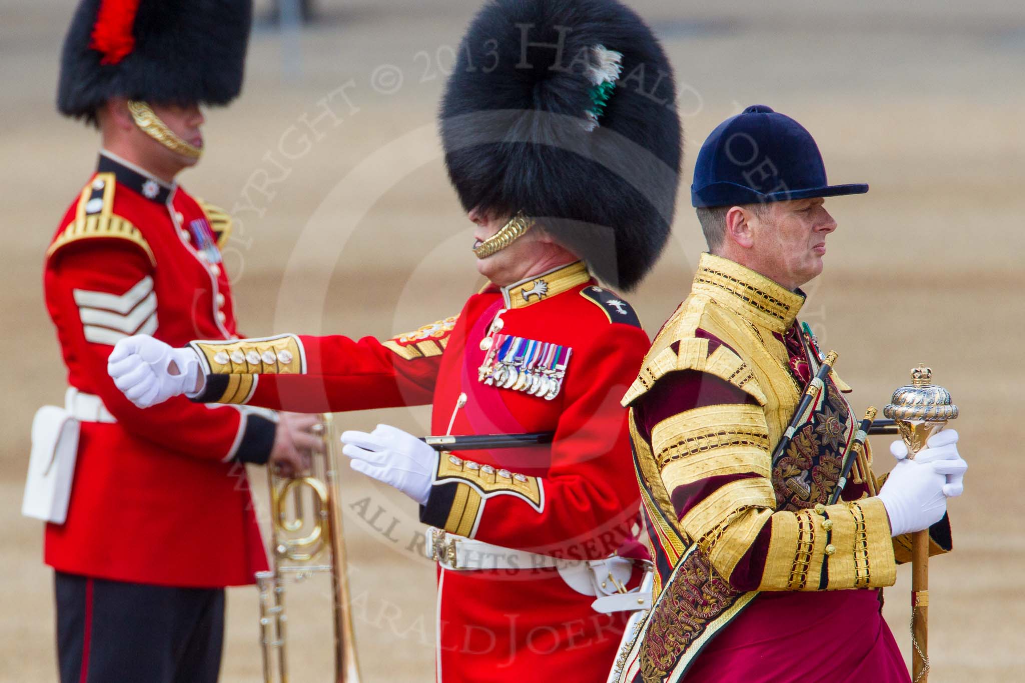 The Colonel's Review 2013: WO1 Garrison Sergeant Major William 'Bill' Mott OBE MVO, Welsh Guards and Drum Major Tony Taylor, Coldstream Guards..
Horse Guards Parade, Westminster,
London SW1,

United Kingdom,
on 08 June 2013 at 10:20, image #76