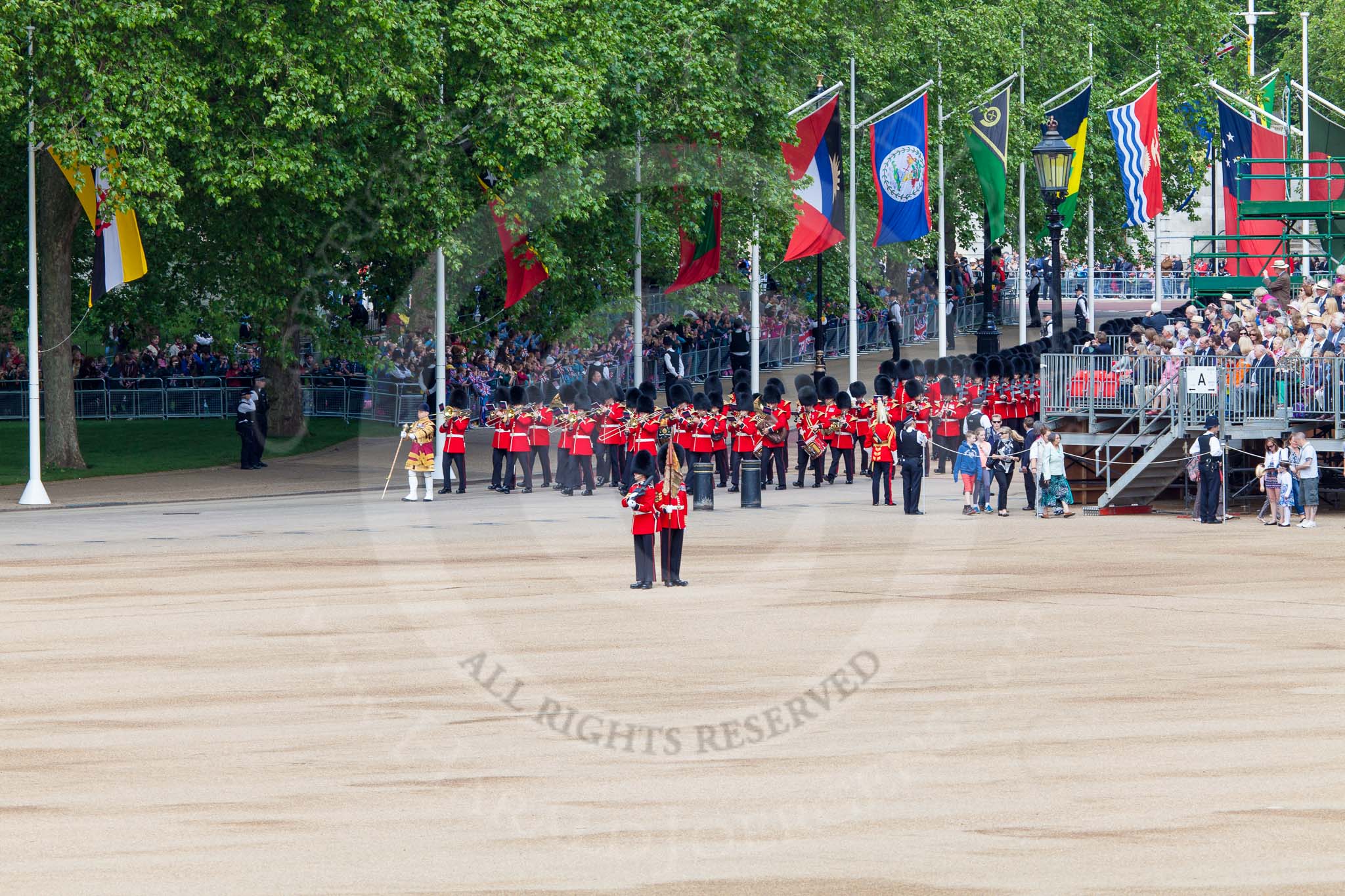 The Colonel's Review 2013: Drum Major Stephen Staite, Grenadier Guards, leading the third of the guards bands, the Band of the Scots Guards, onto Horse Guards Parade..
Horse Guards Parade, Westminster,
London SW1,

United Kingdom,
on 08 June 2013 at 10:24, image #80