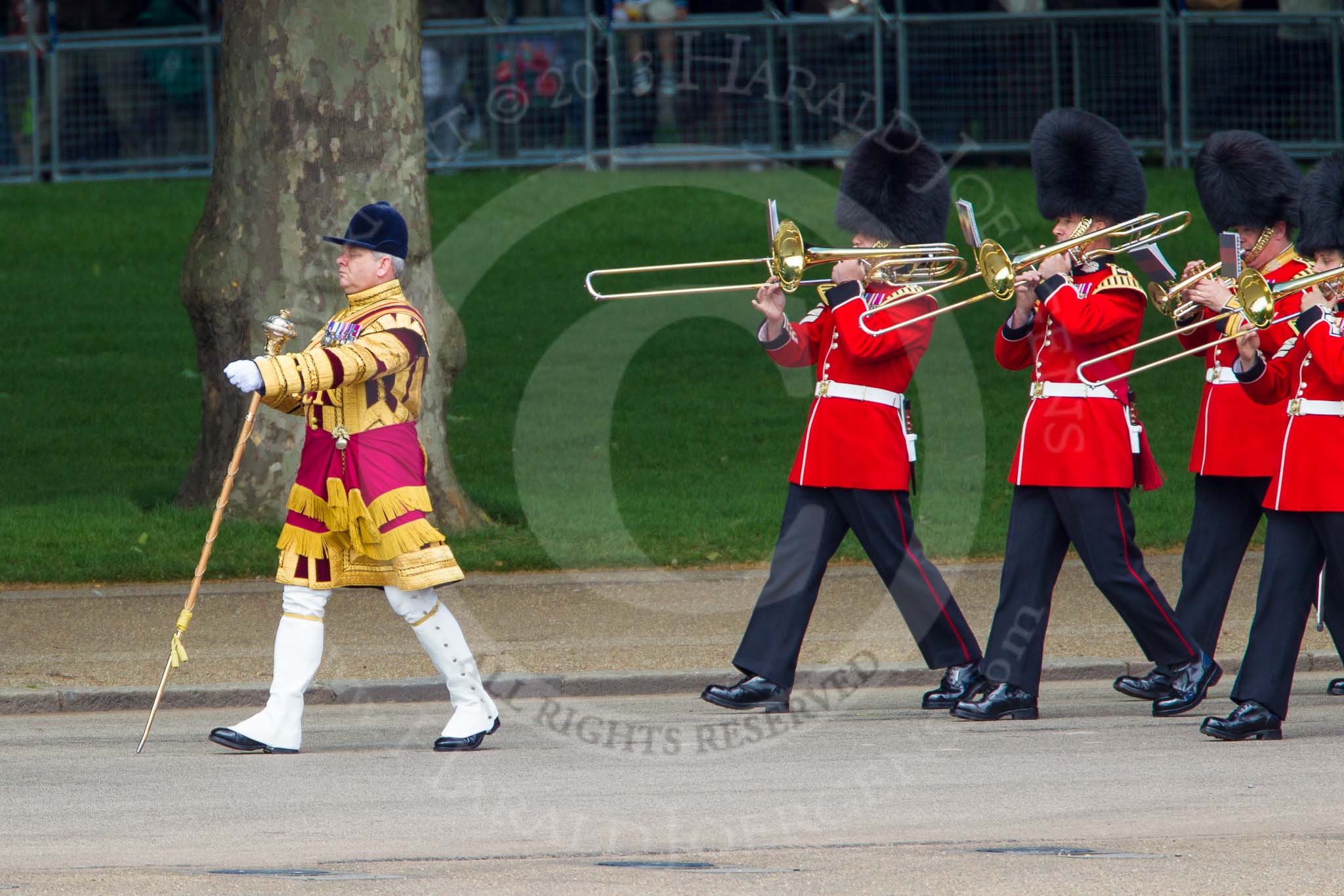 The Colonel's Review 2013: Drum Major Stephen Staite, Grenadier Guards, leading the third of the guards bands, the Band of the Scots Guards, onto Horse Guards Parade..
Horse Guards Parade, Westminster,
London SW1,

United Kingdom,
on 08 June 2013 at 10:24, image #81