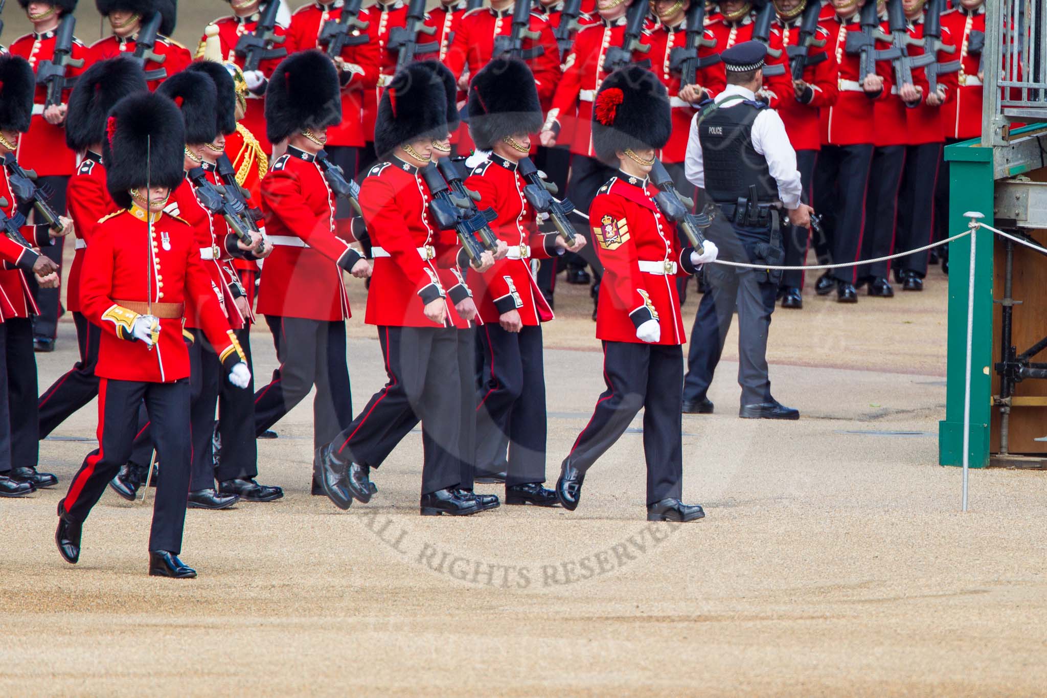 The Colonel's Review 2013: No. 6 Guard, No. 7 Company Coldstream Guards are arriving from The Mall, and turning left onto Horse Guards Parade..
Horse Guards Parade, Westminster,
London SW1,

United Kingdom,
on 08 June 2013 at 10:24, image #83