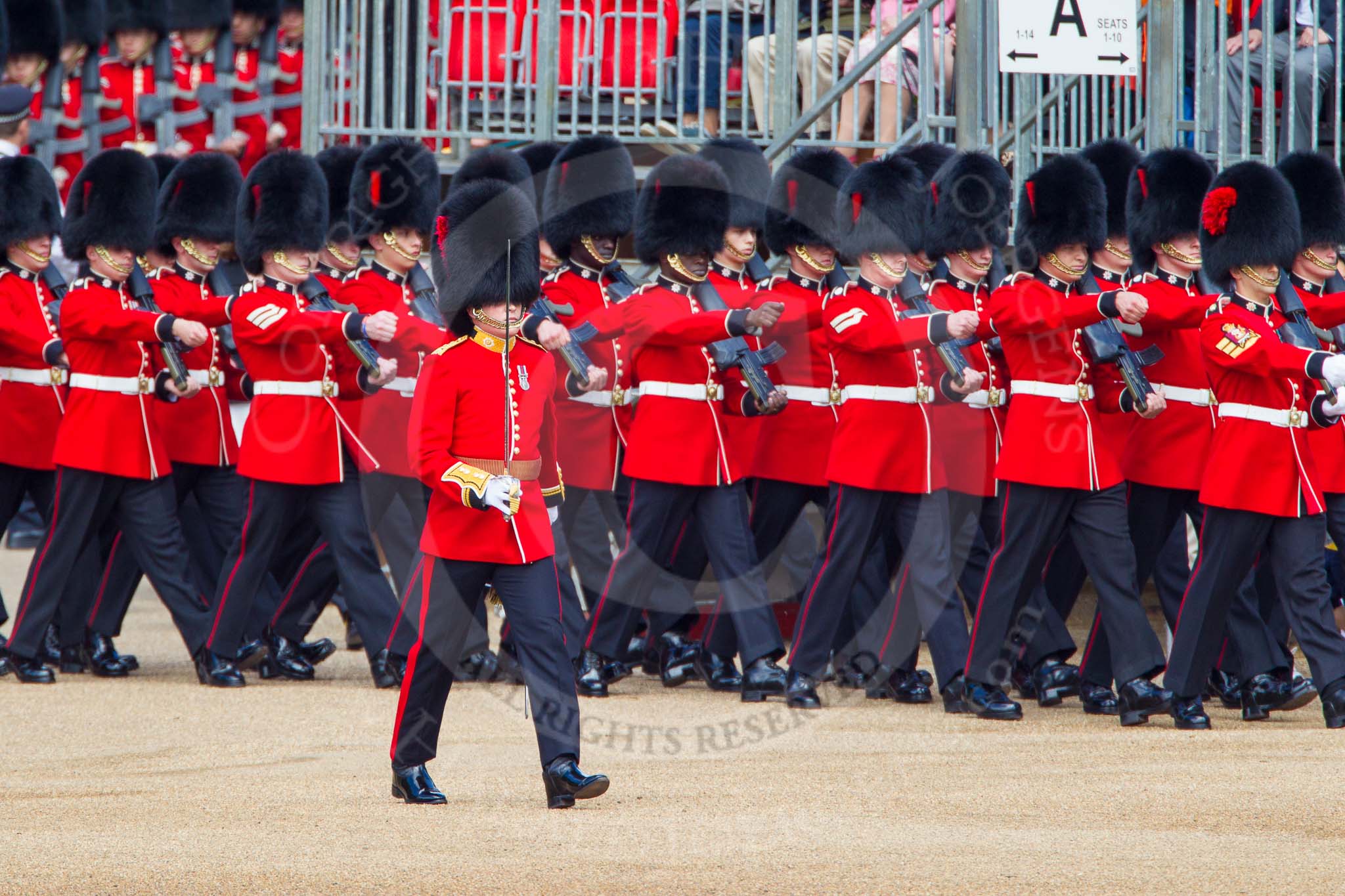 The Colonel's Review 2013: No. 6 Guard, No. 7 Company Coldstream Guards are arriving from The Mall, and turning left onto Horse Guards Parade..
Horse Guards Parade, Westminster,
London SW1,

United Kingdom,
on 08 June 2013 at 10:24, image #84