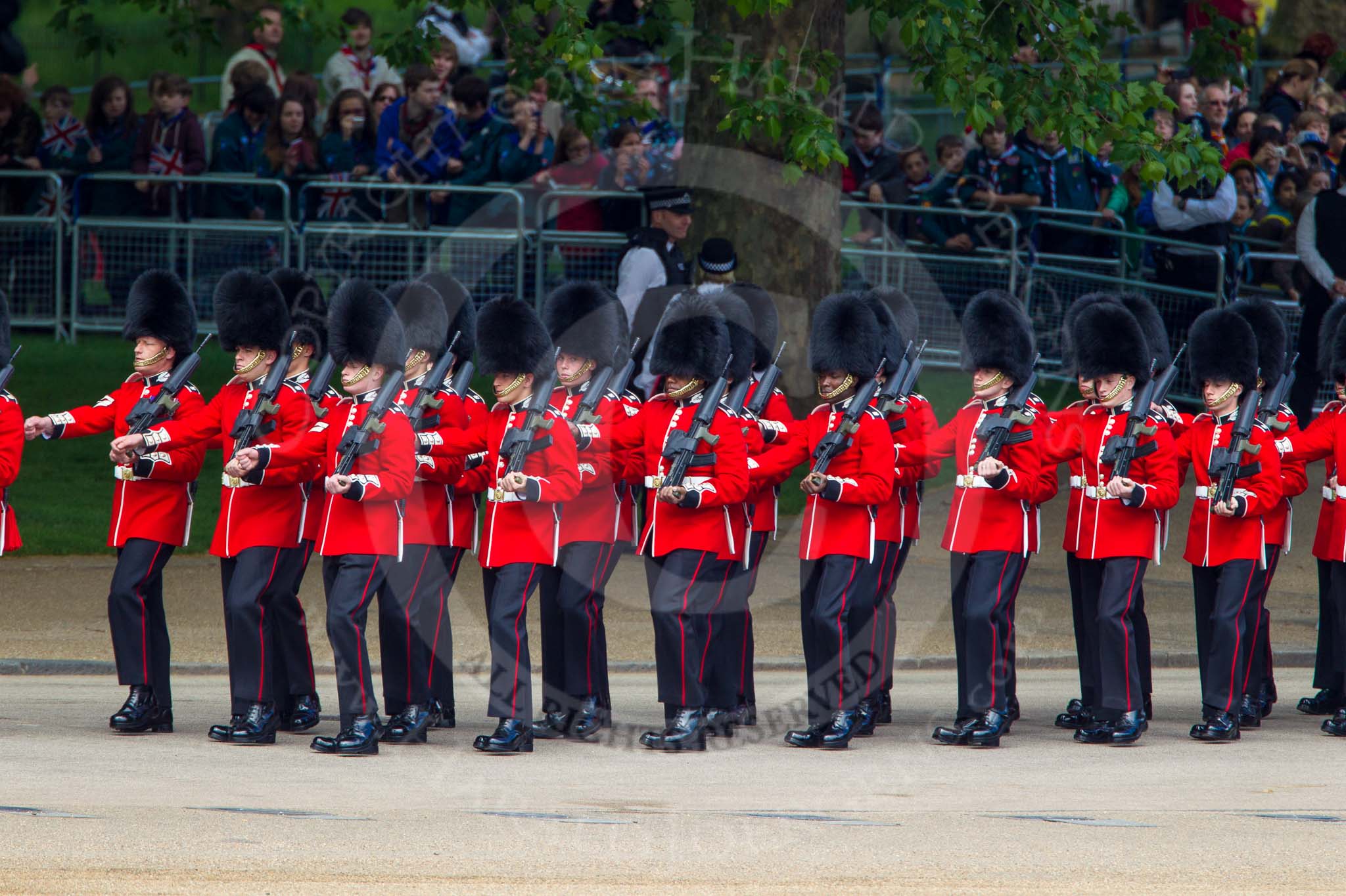 The Colonel's Review 2013: No. 5 Guard, F Company Scots Guards, marching onto Horse Guards Parade..
Horse Guards Parade, Westminster,
London SW1,

United Kingdom,
on 08 June 2013 at 10:25, image #87