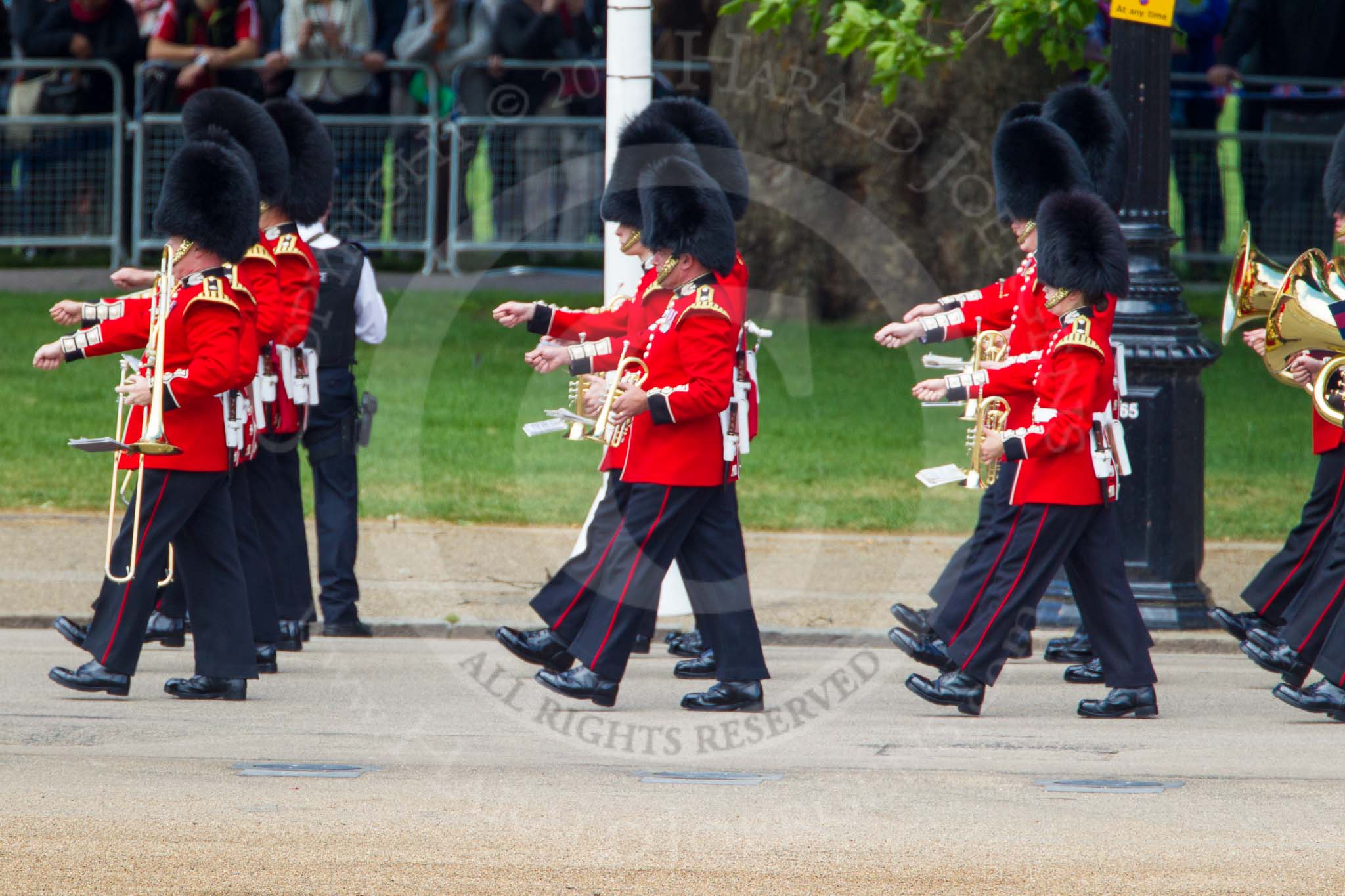 The Colonel's Review 2013: Musicians of the Band of the Scots Guards marching on Horse Guards Road..
Horse Guards Parade, Westminster,
London SW1,

United Kingdom,
on 08 June 2013 at 10:25, image #91