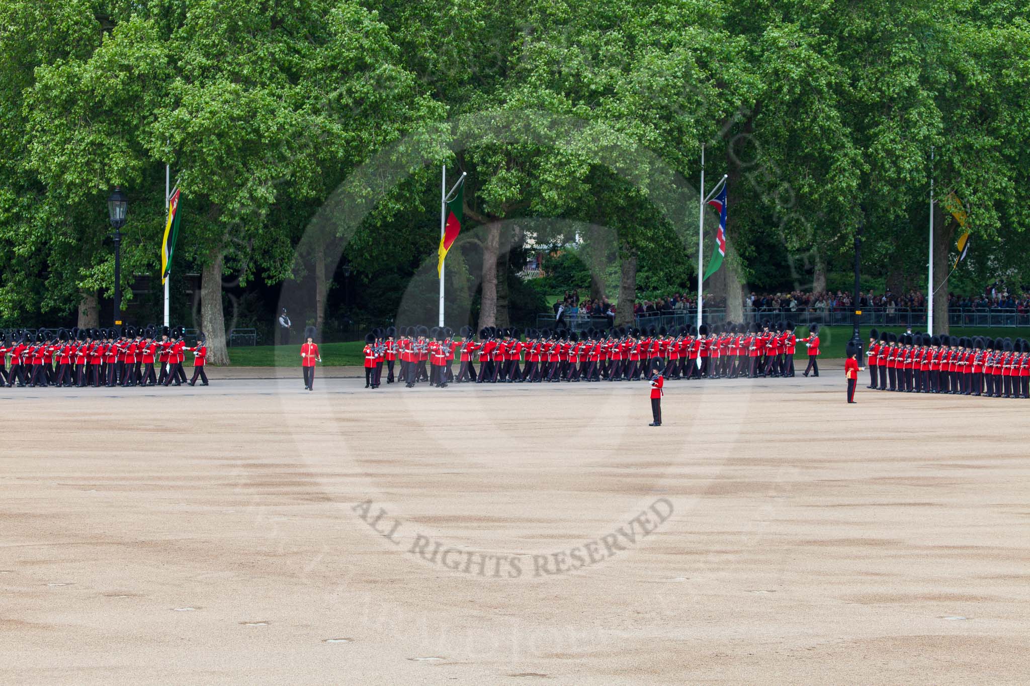 The Colonel's Review 2013: No. 3 Guard, 1st Battalion Welsh Guards, and
No. 4 Guard, Nijmegen Company Grenadier Guards, turning into their initial positions on the northern side of Horse Guards Parade..
Horse Guards Parade, Westminster,
London SW1,

United Kingdom,
on 08 June 2013 at 10:27, image #104