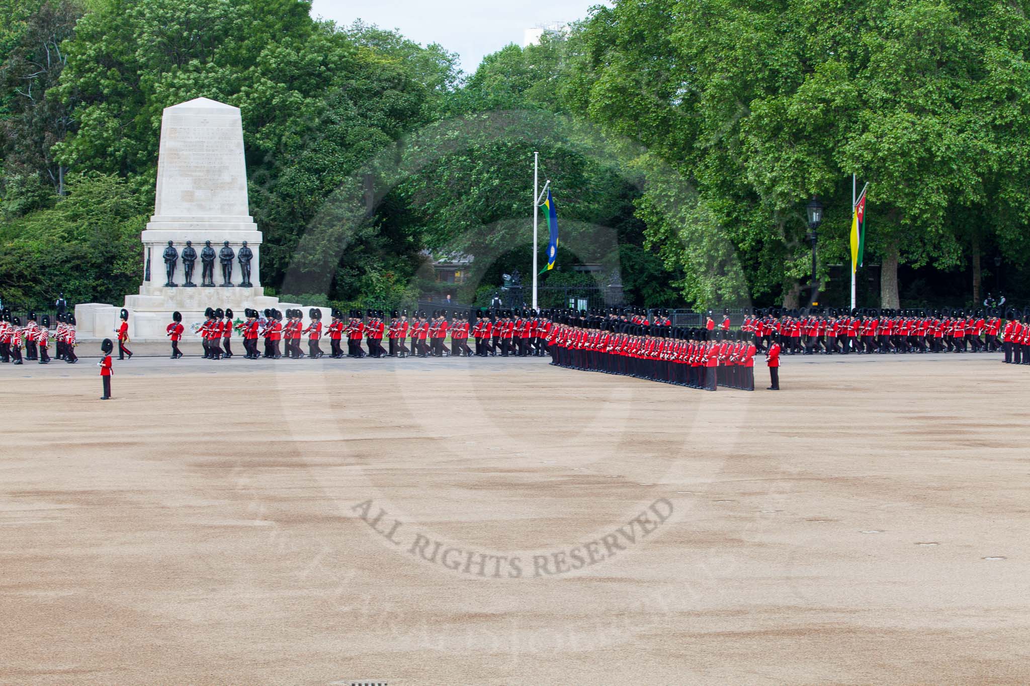 The Colonel's Review 2013: No.1 Guard (Escort for the Colour) 1 st Battalion Welsh Guards and No.2 Guard,
1 st Battalion Welsh Guards, here passing No. 3 Guard, 1st Battalion Welsh Guards..
Horse Guards Parade, Westminster,
London SW1,

United Kingdom,
on 08 June 2013 at 10:31, image #127