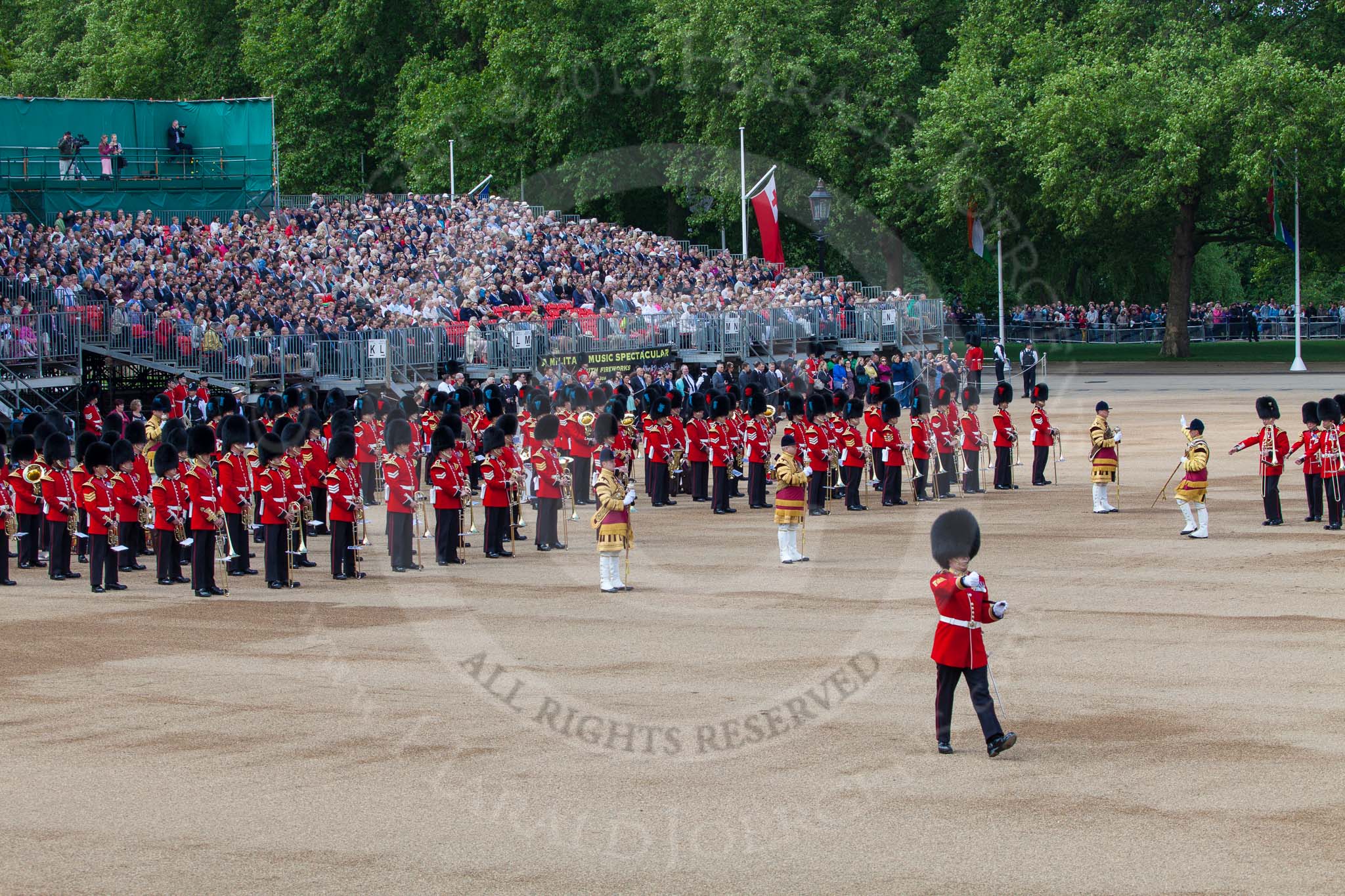 The Colonel's Review 2013: The Band of the Welsh Guards, led by Drum Major Neill Lawman, marches into position next to the other bands..
Horse Guards Parade, Westminster,
London SW1,

United Kingdom,
on 08 June 2013 at 10:32, image #136