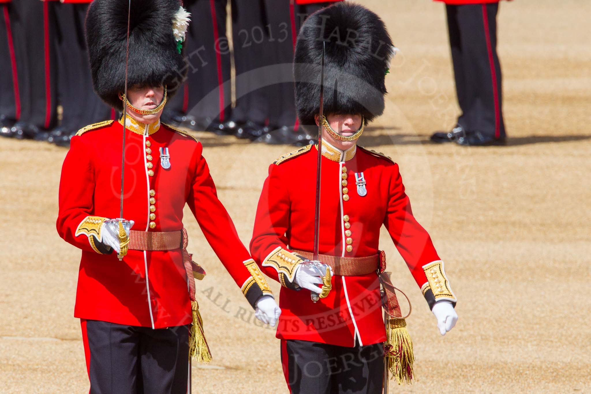 The Colonel's Review 2013: The Subaltern of No. 1 Guard, Captain F O Lloyd-George, and the Subaltern of No. 2 Guard, Captain B Bardsley, are marching together to Horse Guards Arch. They will return later, with the other 16 officers, three for each guard..
Horse Guards Parade, Westminster,
London SW1,

United Kingdom,
on 08 June 2013 at 10:34, image #156