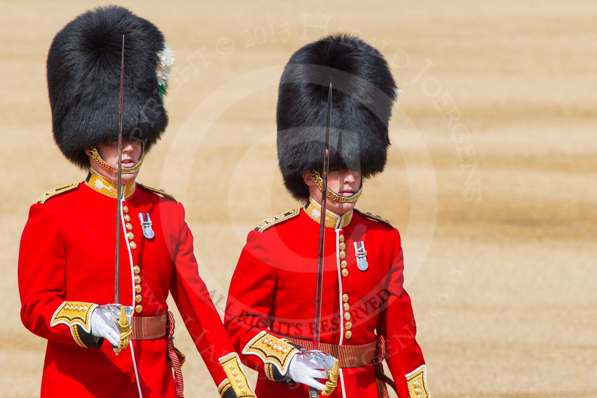 The Colonel's Review 2013: The Subaltern of No. 1 Guard, Captain F O Lloyd-George, and the Subaltern of No. 2 Guard, Captain B Bardsley, are marching together to Horse Guards Arch. They will return later, with the other 16 officers, three for each guard..
Horse Guards Parade, Westminster,
London SW1,

United Kingdom,
on 08 June 2013 at 10:34, image #157