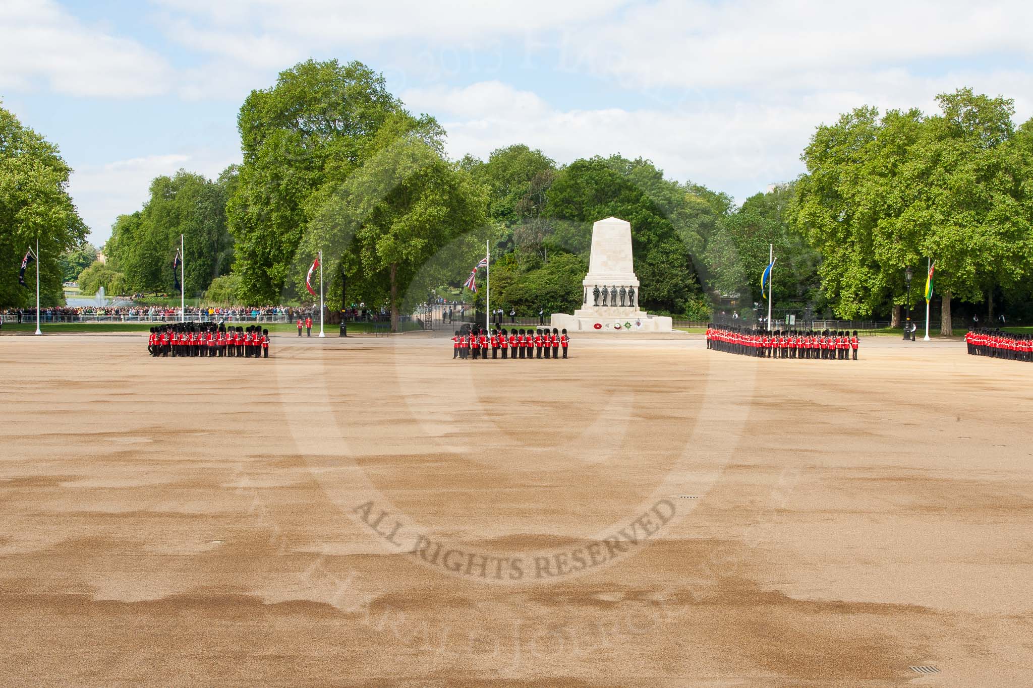 The Colonel's Review 2013: All six guards reposition to form a single, long, L-shaped line..
Horse Guards Parade, Westminster,
London SW1,

United Kingdom,
on 08 June 2013 at 10:36, image #165