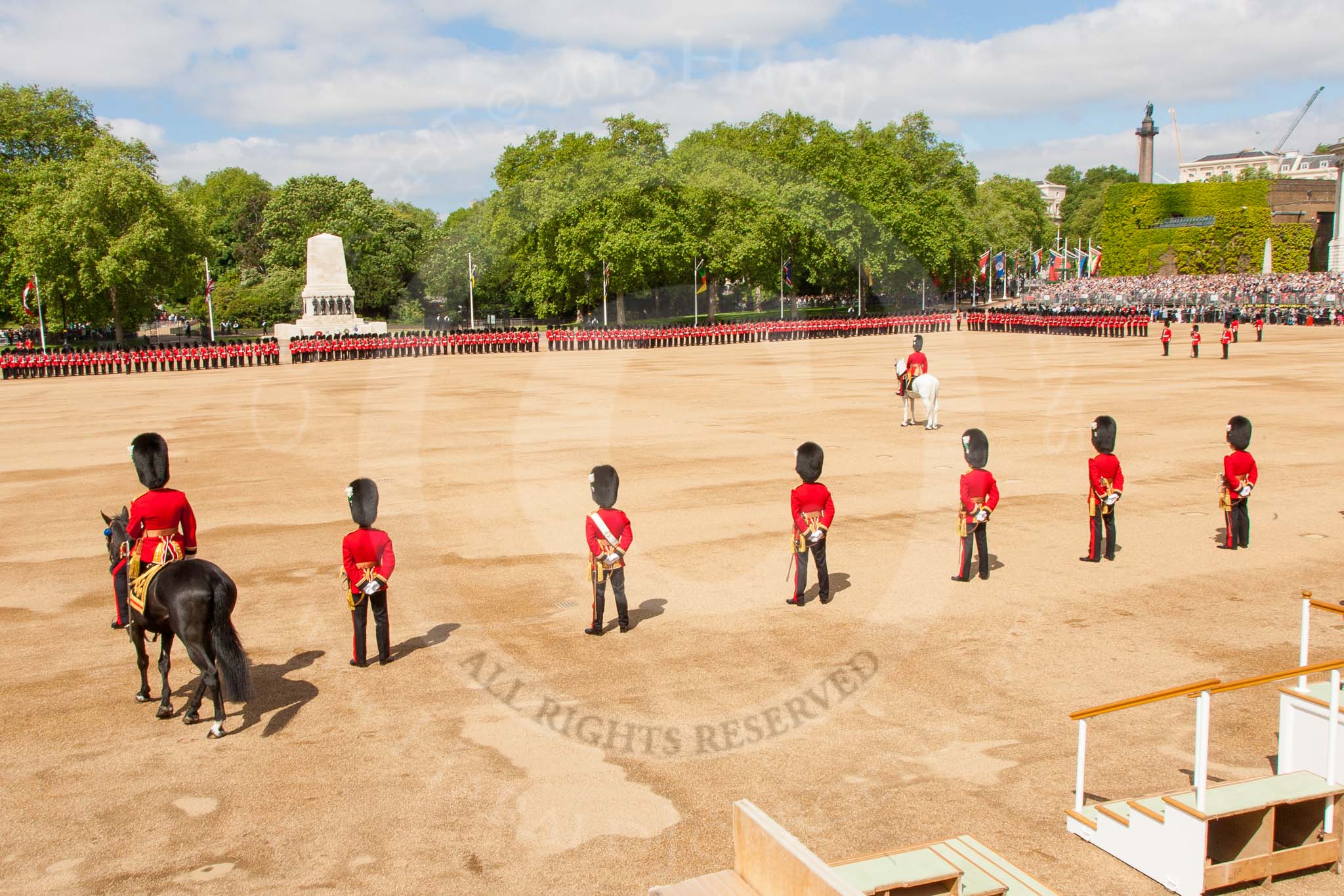 The Colonel's Review 2013: The three officers from each guard, that earlier marched to Horse Guards Arch, are ready to return to their respective guards. On the very left the Major of the Parade..
Horse Guards Parade, Westminster,
London SW1,

United Kingdom,
on 08 June 2013 at 10:37, image #176
