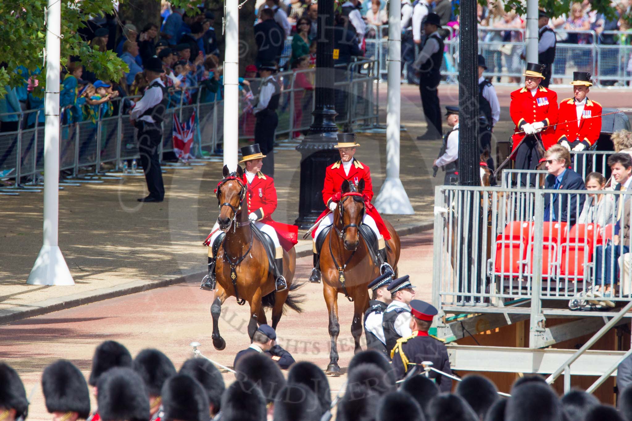 The Colonel's Review 2013: Two grooms are leading the line of coaches carrying members of the Royal Family across Horse Guards Parade..
Horse Guards Parade, Westminster,
London SW1,

United Kingdom,
on 08 June 2013 at 10:49, image #214