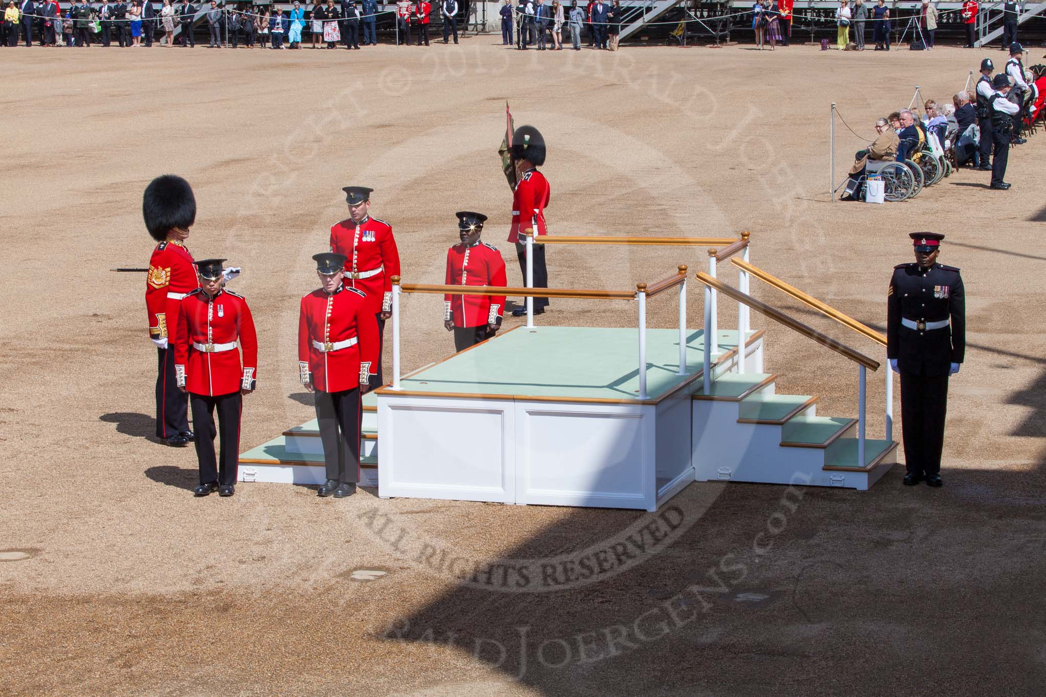 Photo 1306081055045D28076HaraldJoergens The Colonel's Review 2013: The dais, the saluting platform for HM The Queen, is in the final stages of assembly, shortly before the arrival of the Royal Procession..
Horse Guards Parade, Westminster,
London SW1,
United Kingdom,
on 08 June 2013 at 10:55, image #238