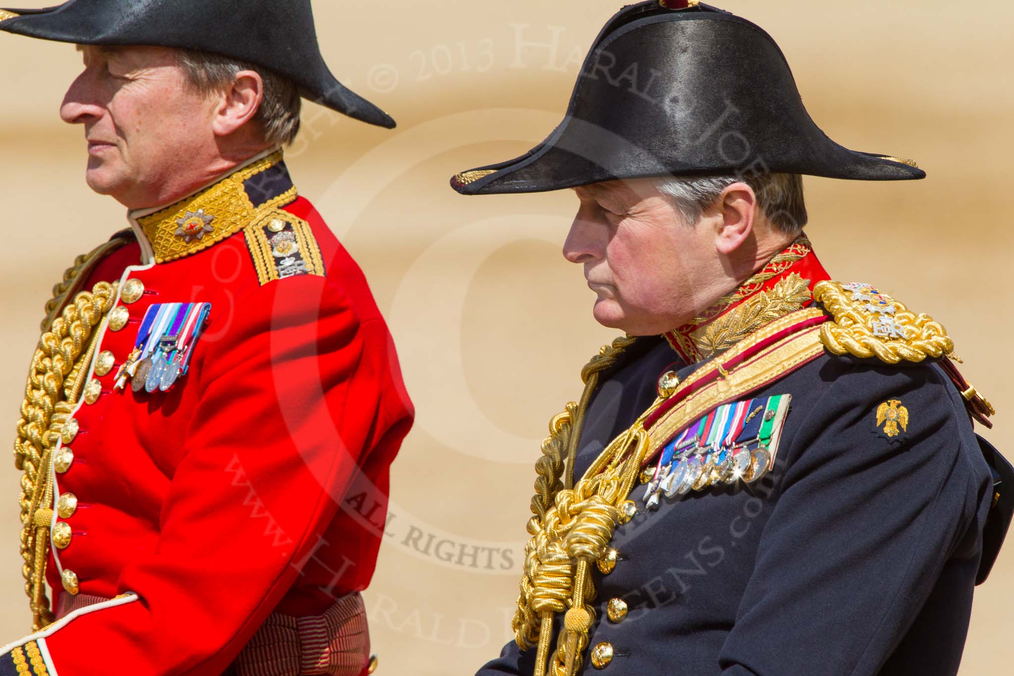 The Colonel's Review 2013: The Equerry in Waiting to Her Majesty, Lieutenant Colonel Alexander Matheson of Matheson, younger,The Crown Equerry Colonel Toby Browne, during the Inspection of the Line..
Horse Guards Parade, Westminster,
London SW1,

United Kingdom,
on 08 June 2013 at 11:01, image #320