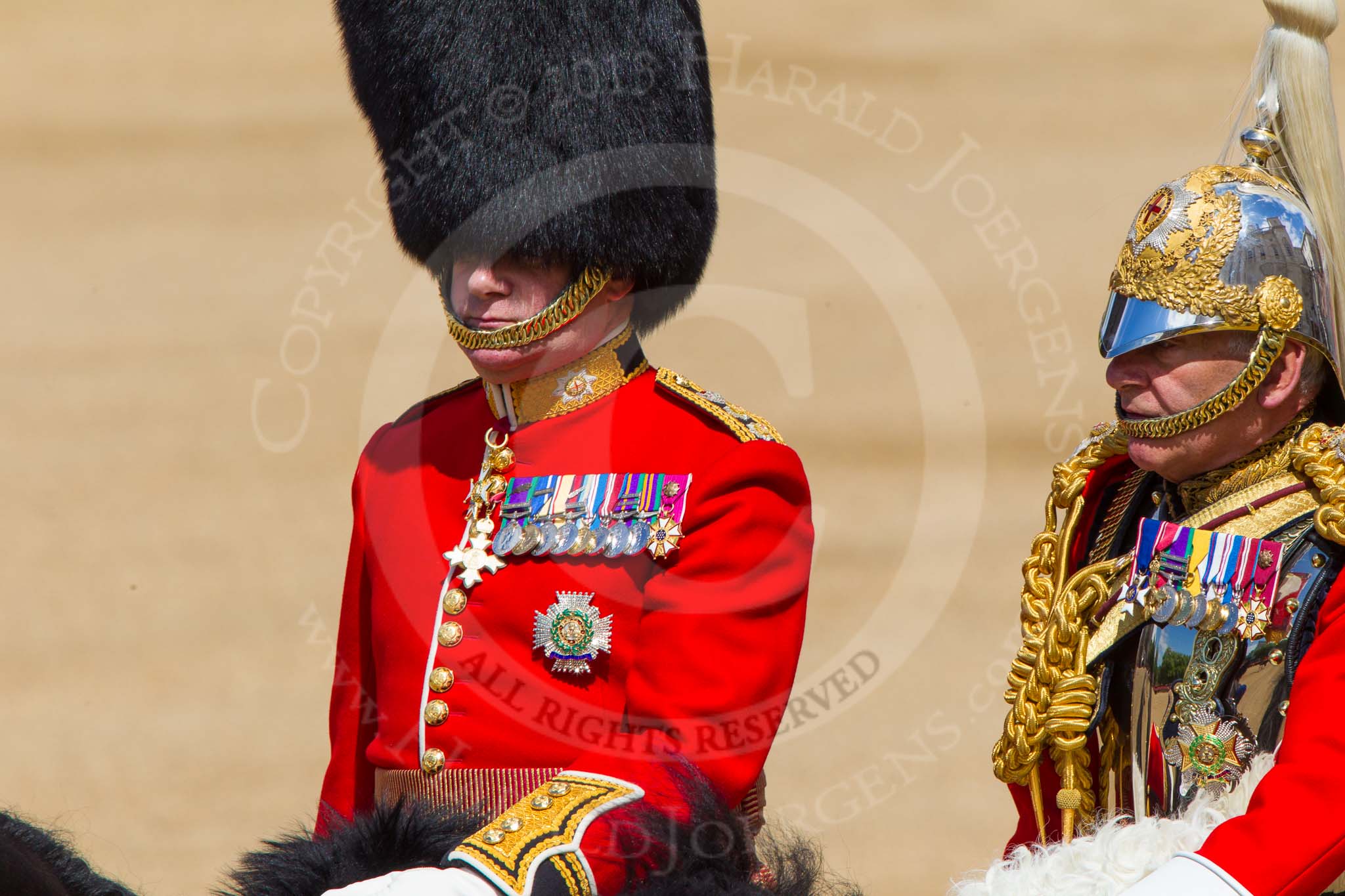 The Colonel's Review 2013: Colonel Coldstream Guards General Sir James Bucknall and Gold Stick in Waiting and Colonel Life Guards, Field Marshal the Lord Guthrie of Craigiebank, during the Inspection of the Line..
Horse Guards Parade, Westminster,
London SW1,

United Kingdom,
on 08 June 2013 at 11:02, image #321