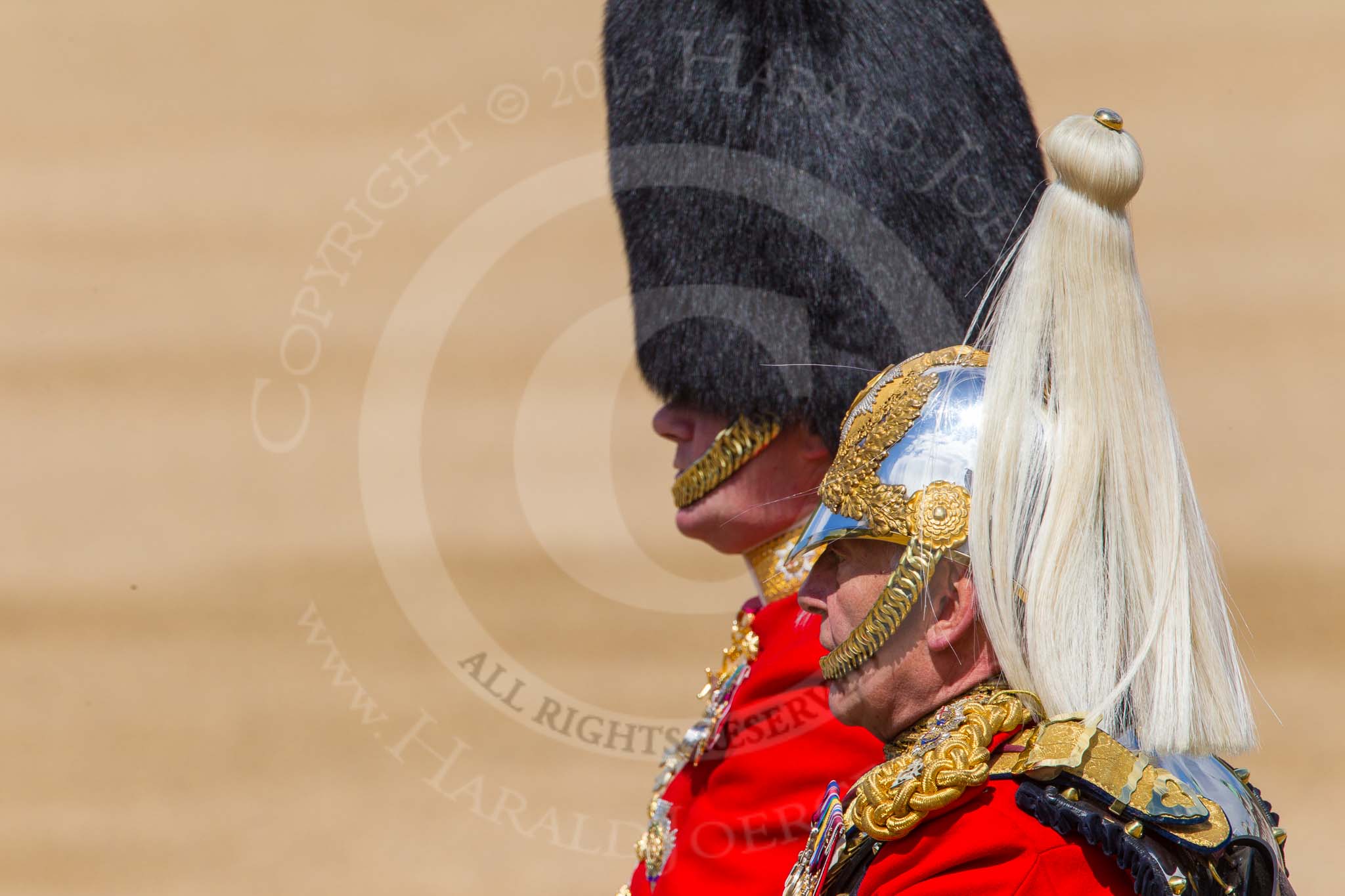 The Colonel's Review 2013: Colonel Coldstream Guards General Sir James Bucknall and Gold Stick in Waiting and Colonel Life Guards, Field Marshal the Lord Guthrie of Craigiebank, during the Inspection of the Line..
Horse Guards Parade, Westminster,
London SW1,

United Kingdom,
on 08 June 2013 at 11:02, image #324