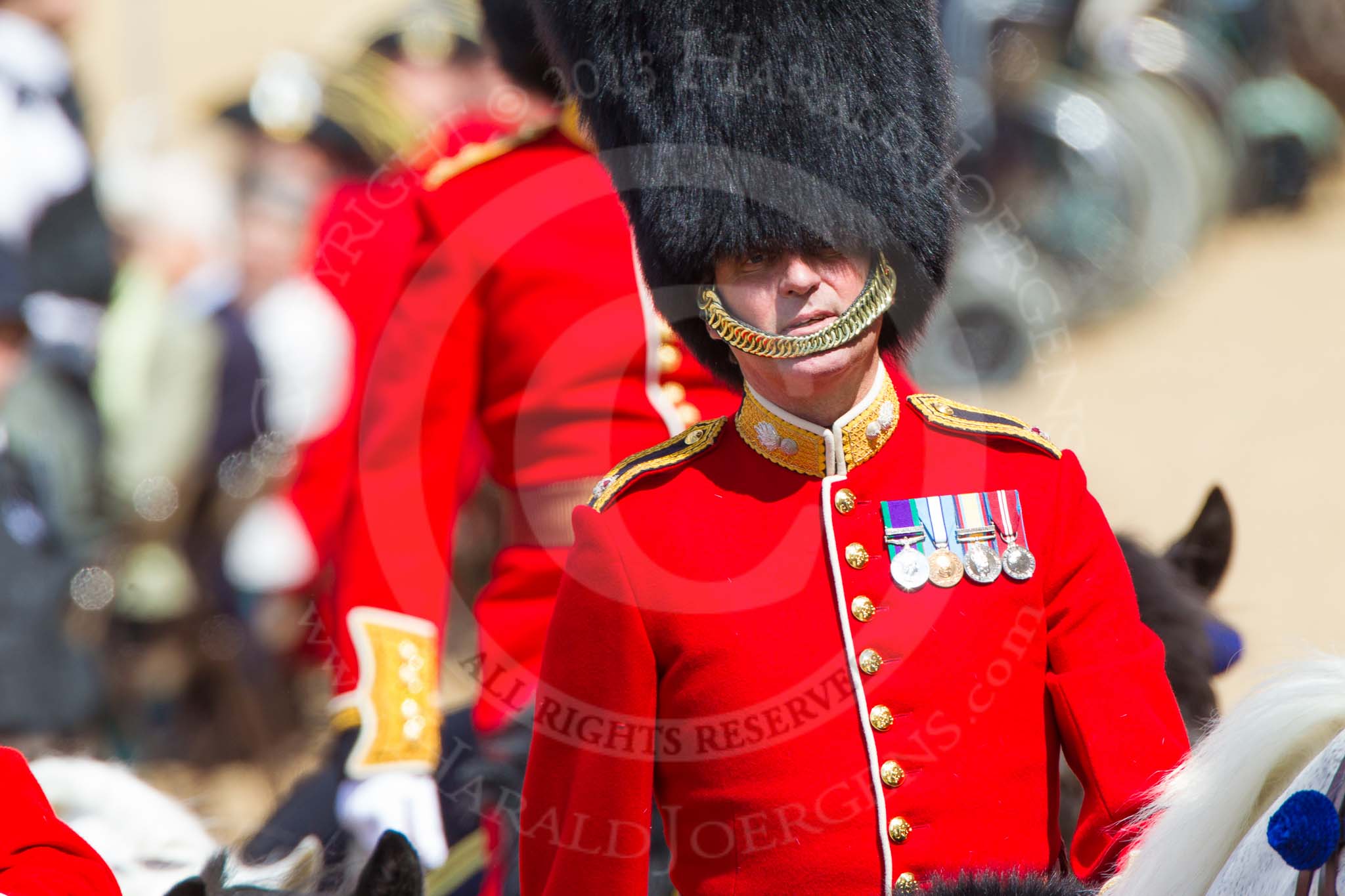 The Colonel's Review 2013: Foot Guards Regimental Adjutant Major G V A Baker, Grenadier Guards, during the Inspection of the Line..
Horse Guards Parade, Westminster,
London SW1,

United Kingdom,
on 08 June 2013 at 11:02, image #328