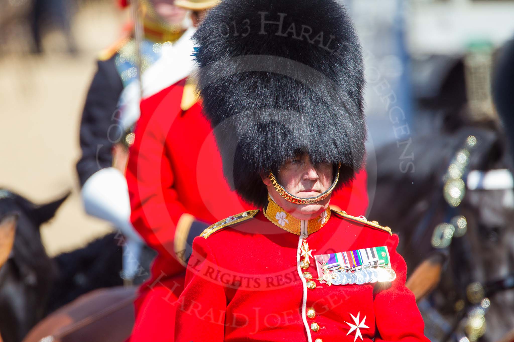 The Colonel's Review 2013: Foot Guards Regimental Adjutant Colonel T C R B Purdon, Irish Guards, during the Inspection of the Line..
Horse Guards Parade, Westminster,
London SW1,

United Kingdom,
on 08 June 2013 at 11:02, image #330