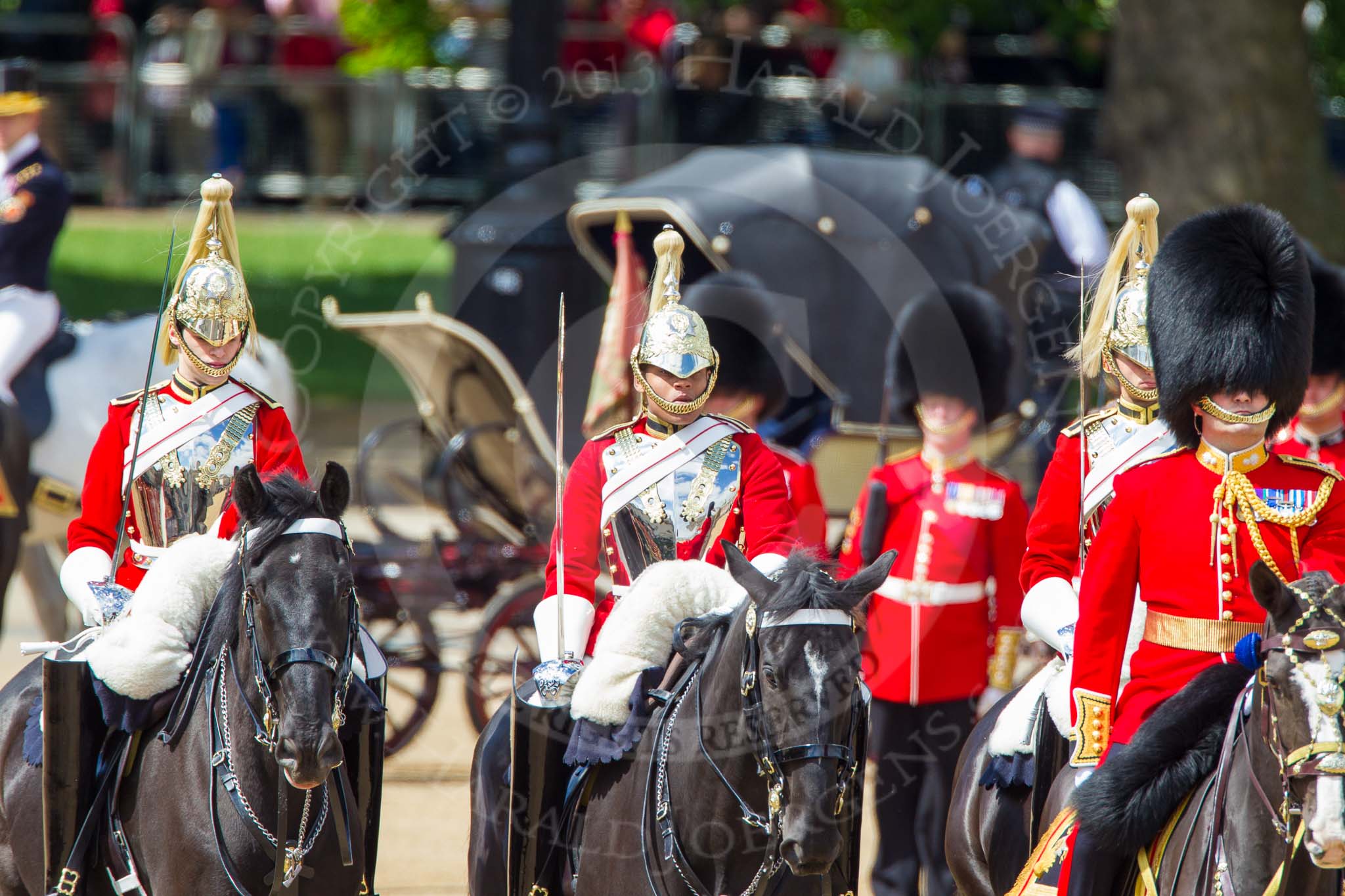 The Colonel's Review 2013: The Brigade Major Household Division Lieutenant Colonel Simon Soskin, Grenadier Guards, followed by the four Troopers of The Life Guard, after the Inspection of the Line..
Horse Guards Parade, Westminster,
London SW1,

United Kingdom,
on 08 June 2013 at 11:05, image #380