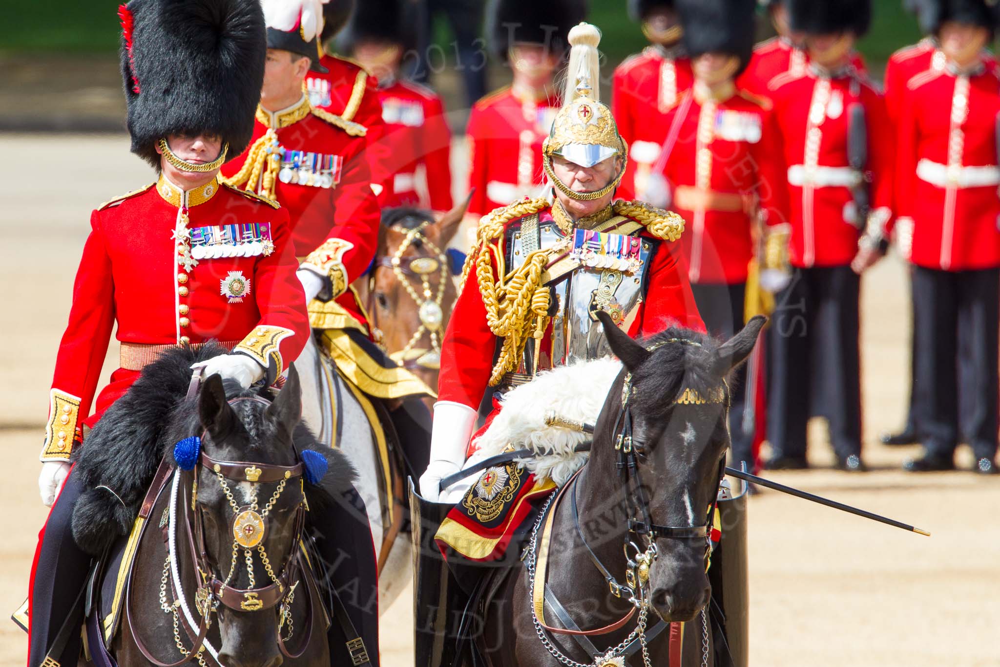 The Colonel's Review 2013: The Non-Royal Colonels, Colonel Coldstream Guards General Sir James Bucknall and Gold Stick in Waiting and Colonel Life Guards, Field Marshal the Lord Guthrie of Craigiebank..
Horse Guards Parade, Westminster,
London SW1,

United Kingdom,
on 08 June 2013 at 11:06, image #401