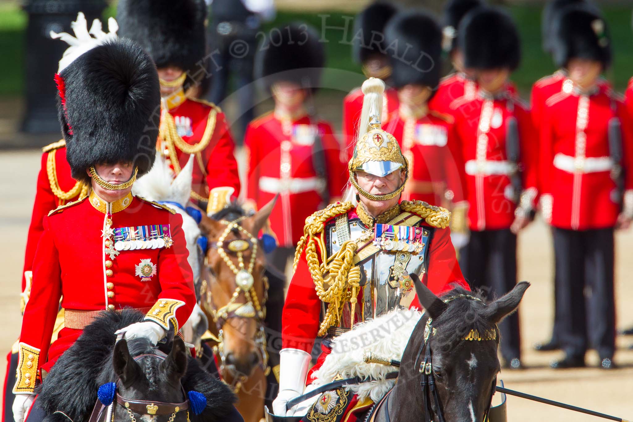The Colonel's Review 2013: The Non-Royal Colonels, Colonel Coldstream Guards General Sir James Bucknall and Gold Stick in Waiting and Colonel Life Guards, Field Marshal the Lord Guthrie of Craigiebank..
Horse Guards Parade, Westminster,
London SW1,

United Kingdom,
on 08 June 2013 at 11:06, image #402
