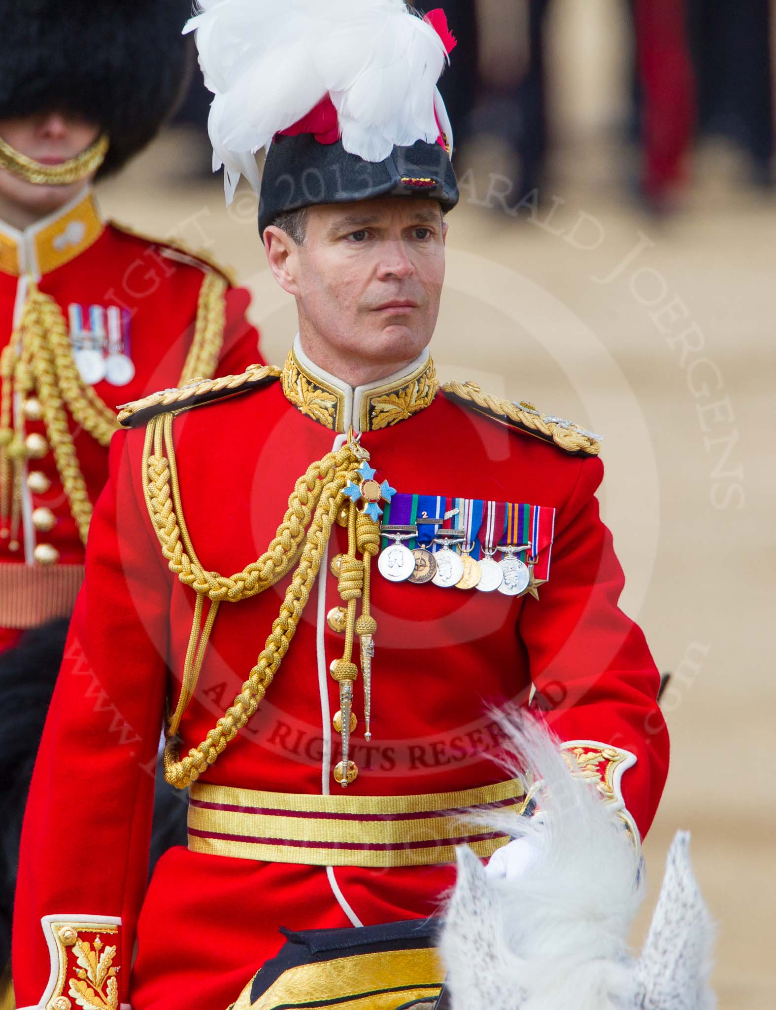 The Colonel's Review 2013: Major General Commanding the Household Division and General Officer Commanding London District, Major George Norton, on horseback after the Inspection of the Line..
Horse Guards Parade, Westminster,
London SW1,

United Kingdom,
on 08 June 2013 at 11:07, image #408