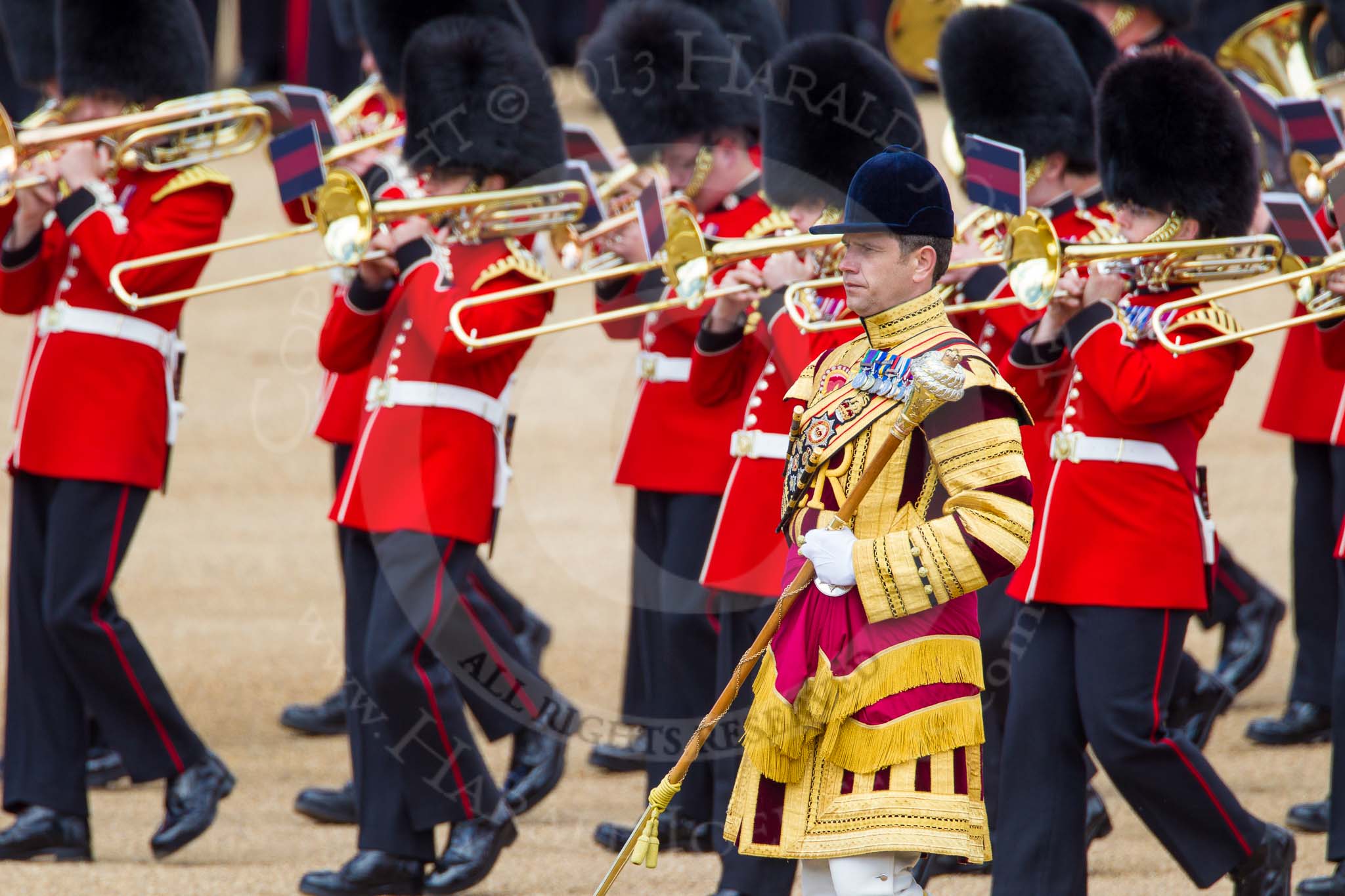 The Colonel's Review 2013: The Massed Band Troop - the countermarch in quick time is Heroes' Return.Senior Drum Major Matthew Betts, Coldstream Guards, leading the Band of the Coldstream Guards..
Horse Guards Parade, Westminster,
London SW1,

United Kingdom,
on 08 June 2013 at 11:10, image #438
