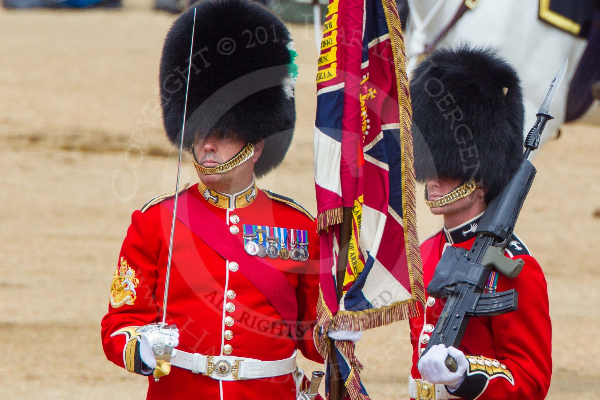 The Colonel's Review 2013: The Colour has been handed over from Colour Sergeant R J Heath, Welsh Guard to the Regimental Sergeant Major, WO1 Martin Topps, Welsh Guards. He now presents the Colour to the Ensign, Ensign, Second Lieutenant Joel Dinwiddle..
Horse Guards Parade, Westminster,
London SW1,

United Kingdom,
on 08 June 2013 at 11:19, image #510