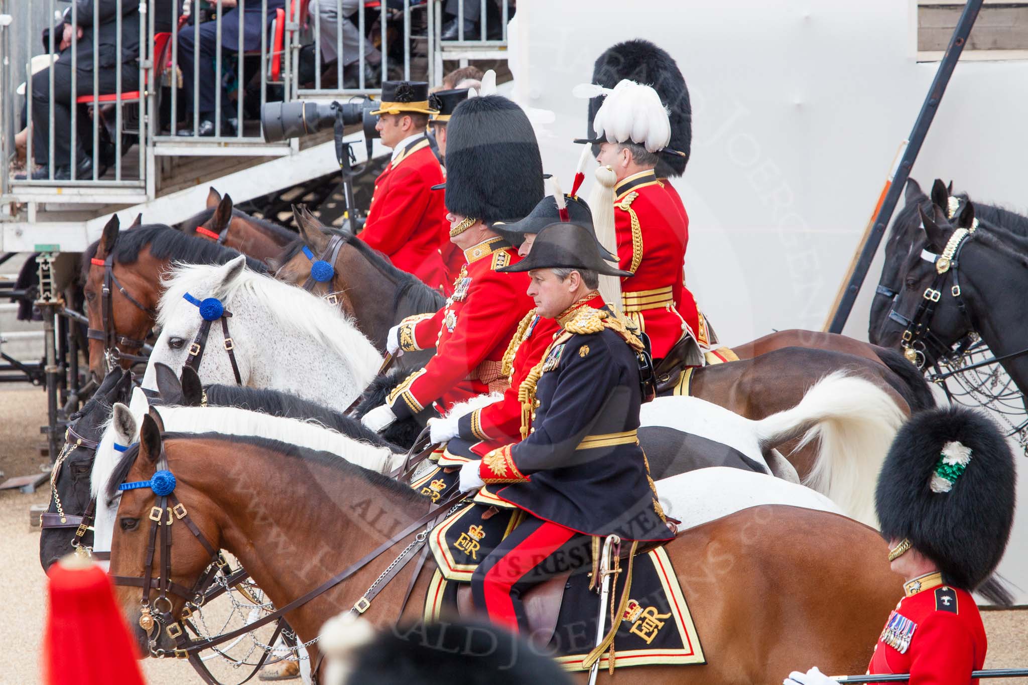 The Colonel's Review 2013: From front to back - Crown Equerry Colonel Toby Browne, Equerry in Waiting to Her Majesty, Lieutenant Colonel Alexander Matheson of Matheson, younger, then Gold Stick in Waiting and Colonel Life Guards, Field Marshal the Lord Guthrie of Craigiebank and Colonel Coldstream Guards General Sir James Bucknall..
Horse Guards Parade, Westminster,
London SW1,

United Kingdom,
on 08 June 2013 at 11:21, image #542