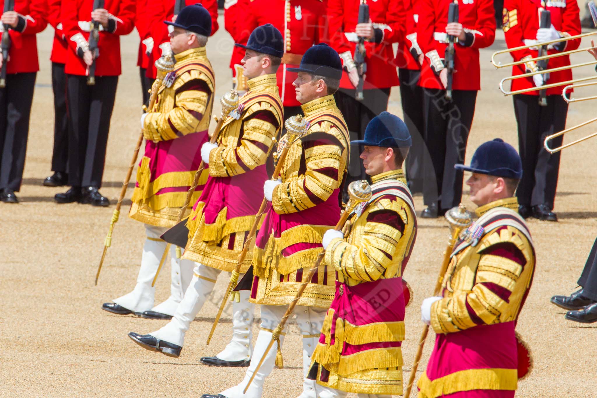 The Colonel's Review 2013: The five Drum Majors leading the Massed Bands as they are playing the Grenadiers Slow March..
Horse Guards Parade, Westminster,
London SW1,

United Kingdom,
on 08 June 2013 at 11:23, image #555