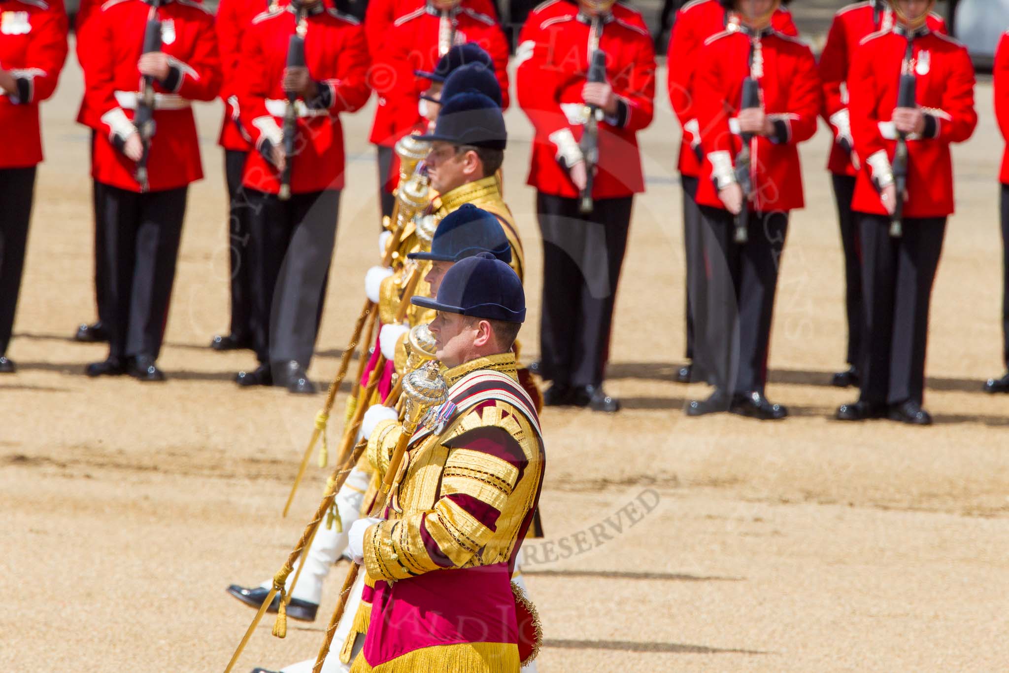 The Colonel's Review 2013: The five Drum Majors leading the Massed Bands as they are playing the Grenadiers Slow March..
Horse Guards Parade, Westminster,
London SW1,

United Kingdom,
on 08 June 2013 at 11:23, image #556