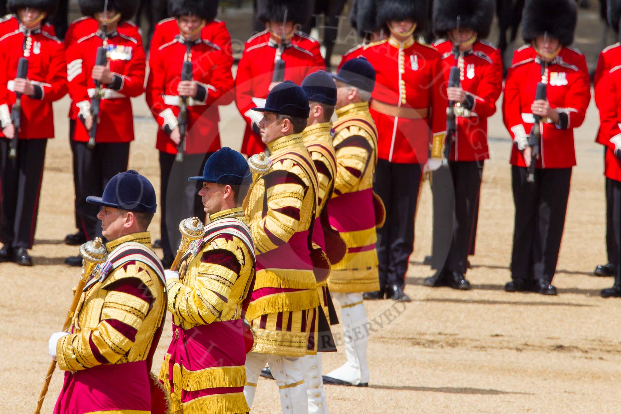 The Colonel's Review 2013: The five Drum Majors leading the Massed Bands as they are playing the Grenadiers Slow March..
Horse Guards Parade, Westminster,
London SW1,

United Kingdom,
on 08 June 2013 at 11:23, image #557