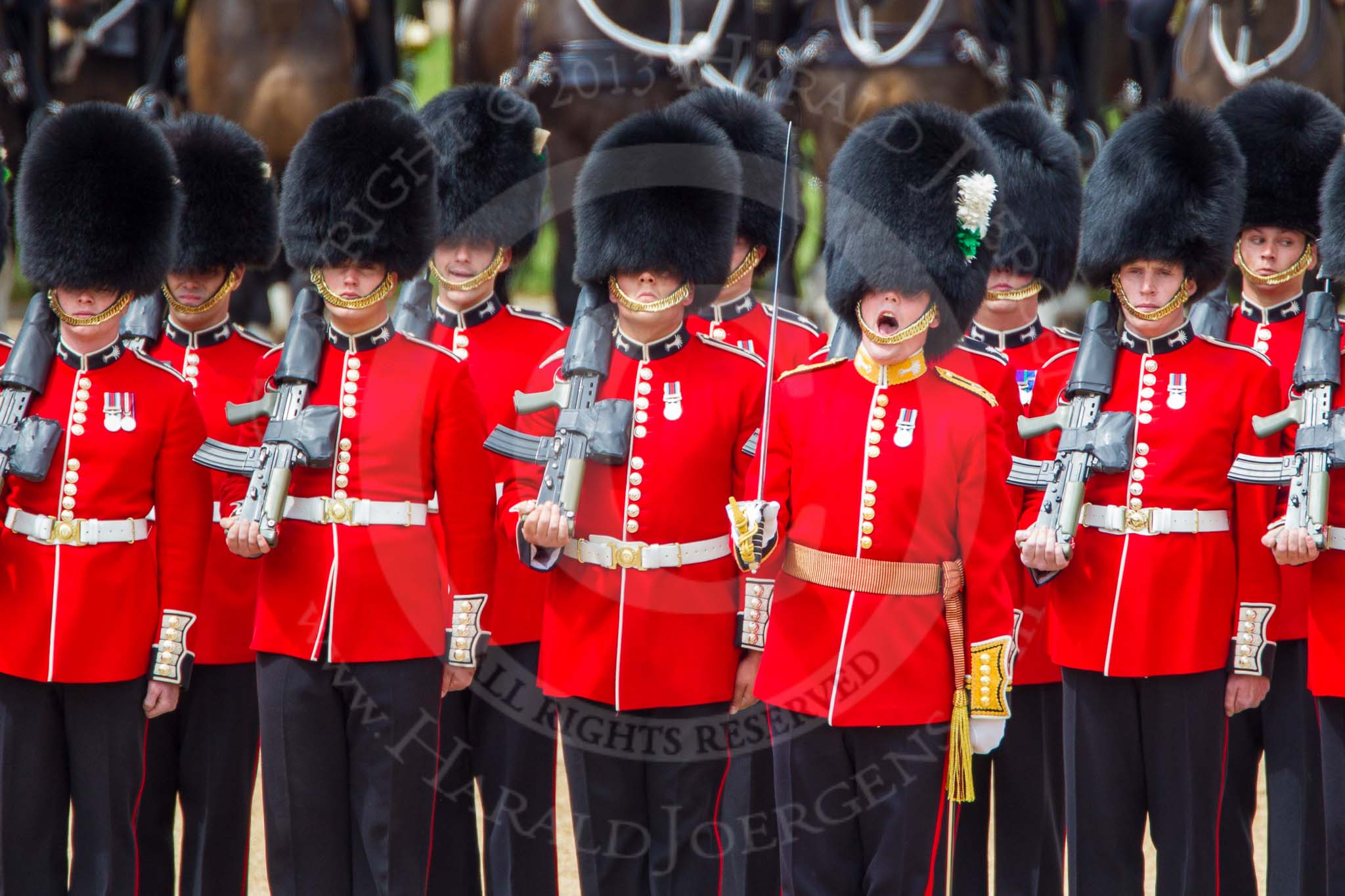The Colonel's Review 2013: Captain F O Lloyd-George gives the orders for No. 1 Guard (Escort to the Colour),1st Battalion Welsh Guards..
Horse Guards Parade, Westminster,
London SW1,

United Kingdom,
on 08 June 2013 at 11:26, image #586