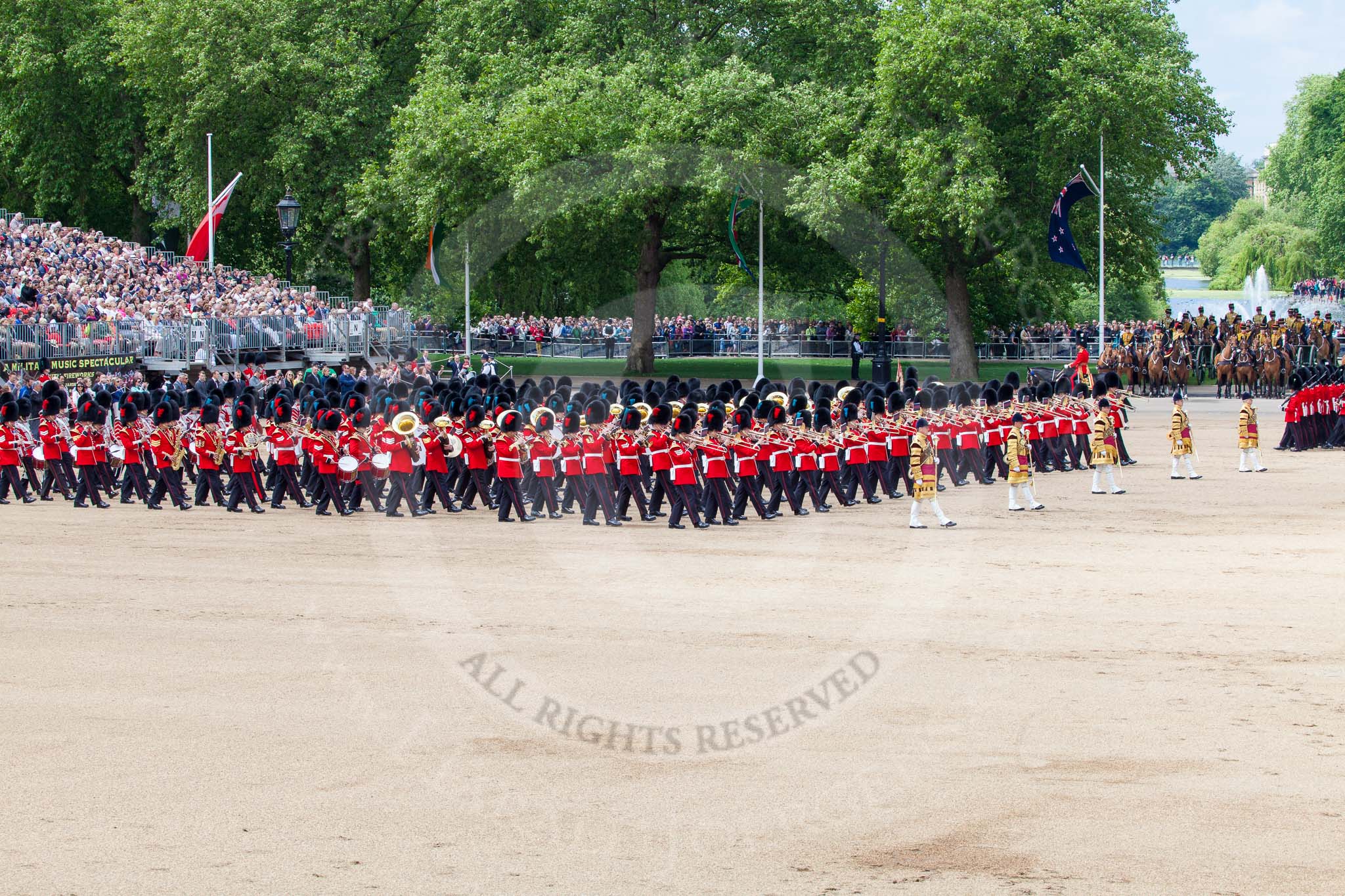 The Colonel's Review 2013: The Massed Bands, led by the five Drum Majors, during the March Past..
Horse Guards Parade, Westminster,
London SW1,

United Kingdom,
on 08 June 2013 at 11:30, image #606