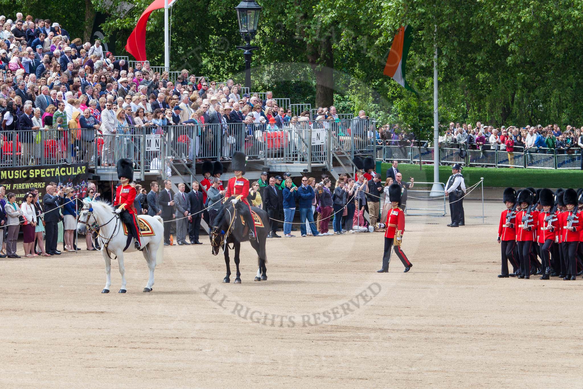 Photo 1306081130275D28273HaraldJoergens The Colonel's Review 2013: The Field Officer in Brigade Waiting, Lieutenant Colonel Dino Bossi, Welsh Guards, and the Major of the Parade, Major H G C Bettinson, Welsh Guards, leading the March Past..
Horse Guards Parade, Westminster,
London SW1,
United Kingdom,
on 08 June 2013 at 11:30, image #613