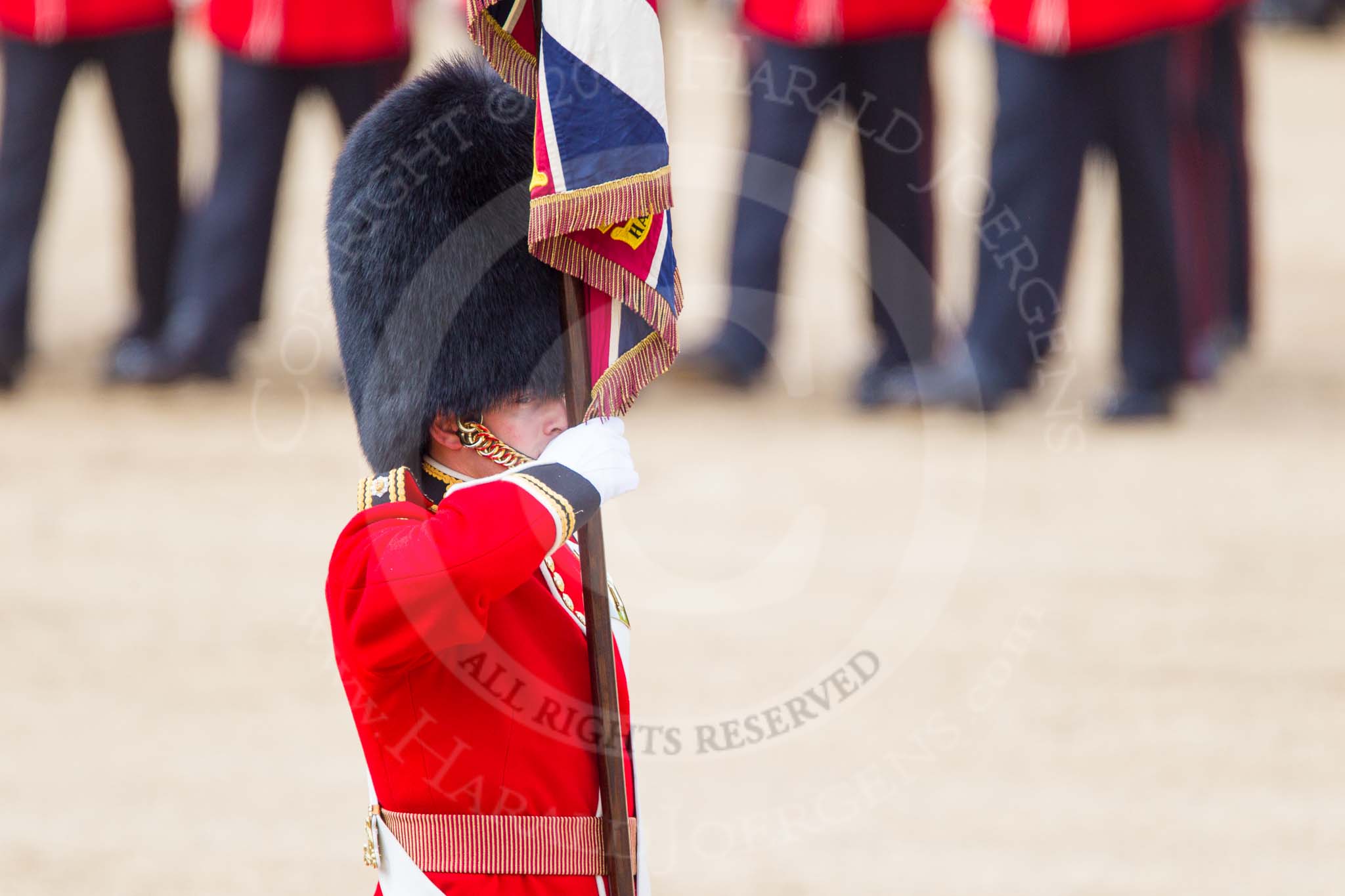 The Colonel's Review 2013: Close-up of the Ensign, Second Lieutenant Joel Dinwiddle, carrying the Colour during the March Past..
Horse Guards Parade, Westminster,
London SW1,

United Kingdom,
on 08 June 2013 at 11:33, image #627