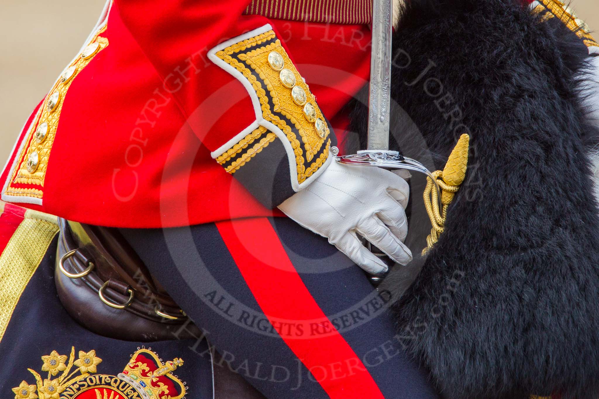 The Colonel's Review 2013: A close-up of the Field Officer in Brigade Waiting, Lieutenant Colonel Dino Bossi, Welsh Guards, with his word drawn, during the March Past..
Horse Guards Parade, Westminster,
London SW1,

United Kingdom,
on 08 June 2013 at 11:33, image #634