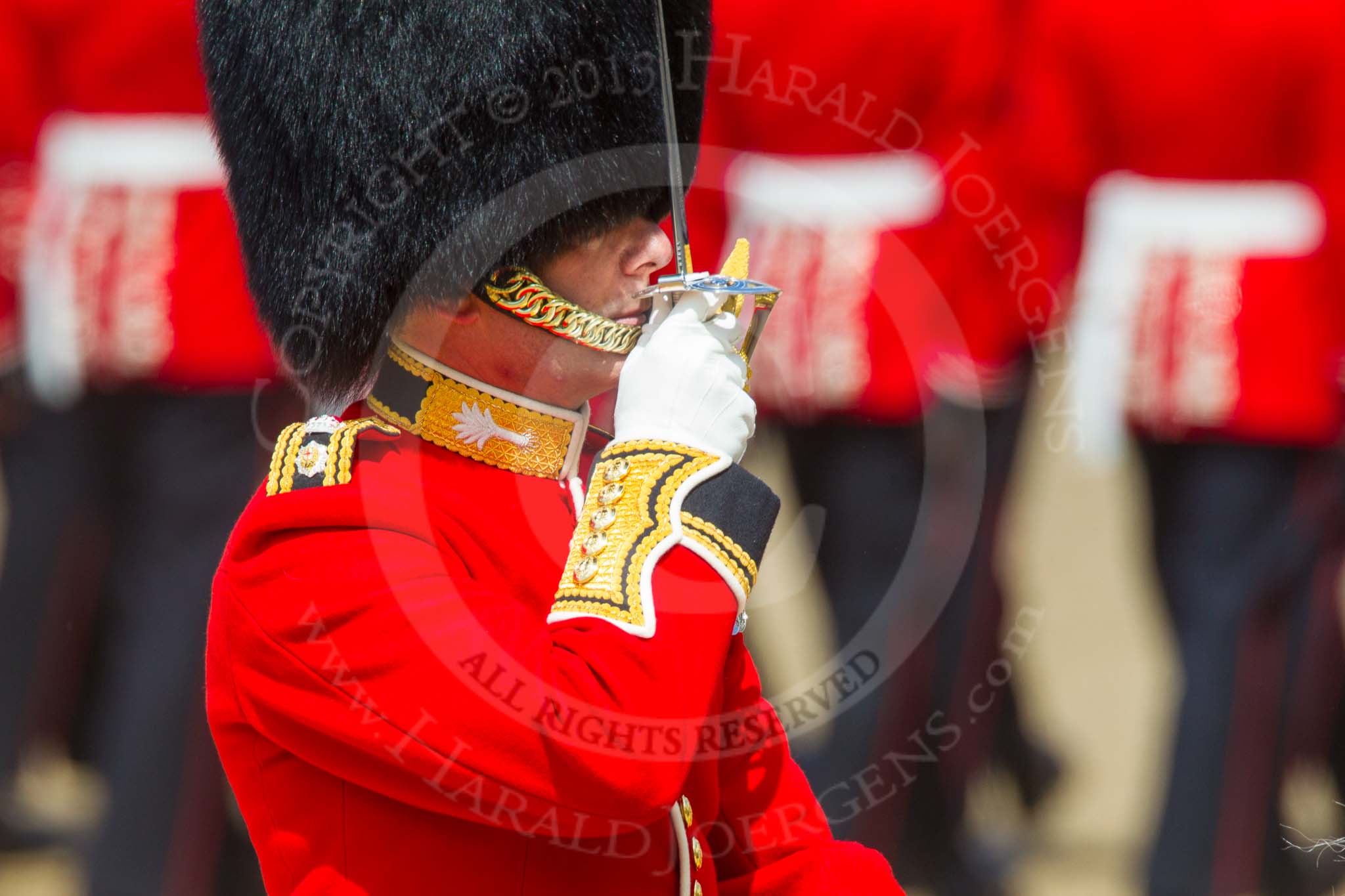 The Colonel's Review 2013: The Field Officer in Brigade Waiting, Lieutenant Colonel Dino Bossi, Welsh Guards, saluting Her Majesty during the March Past..
Horse Guards Parade, Westminster,
London SW1,

United Kingdom,
on 08 June 2013 at 11:37, image #659