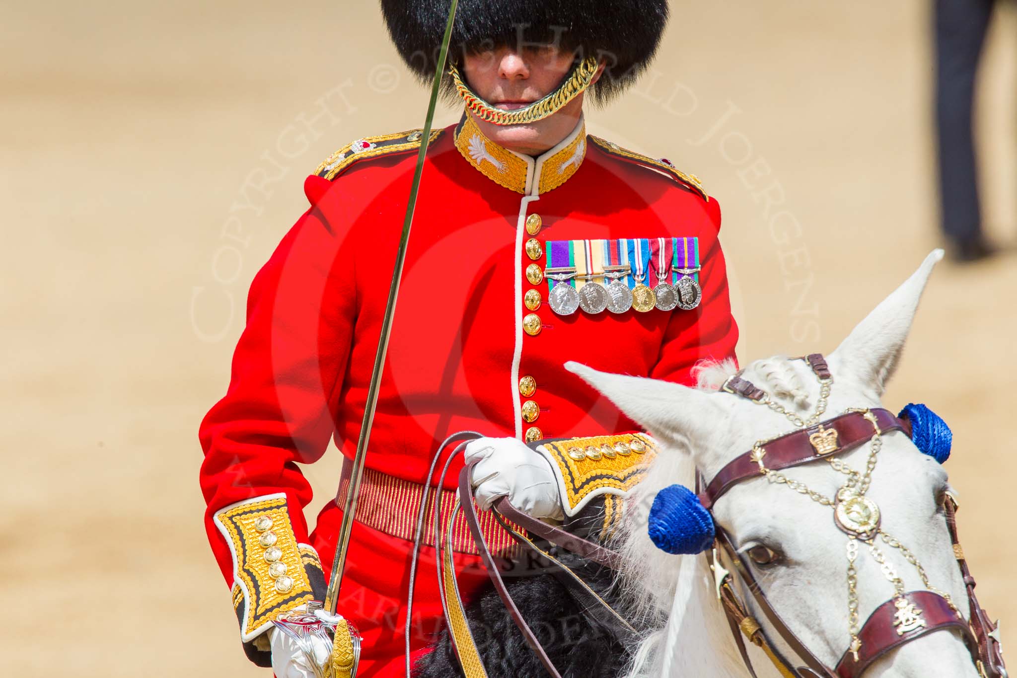 The Colonel's Review 2013: The Field Officer in Brigade Waiting, Lieutenant Colonel Dino Bossi, Welsh Guards, saluting Her Majesty during the March Past..
Horse Guards Parade, Westminster,
London SW1,

United Kingdom,
on 08 June 2013 at 11:37, image #661