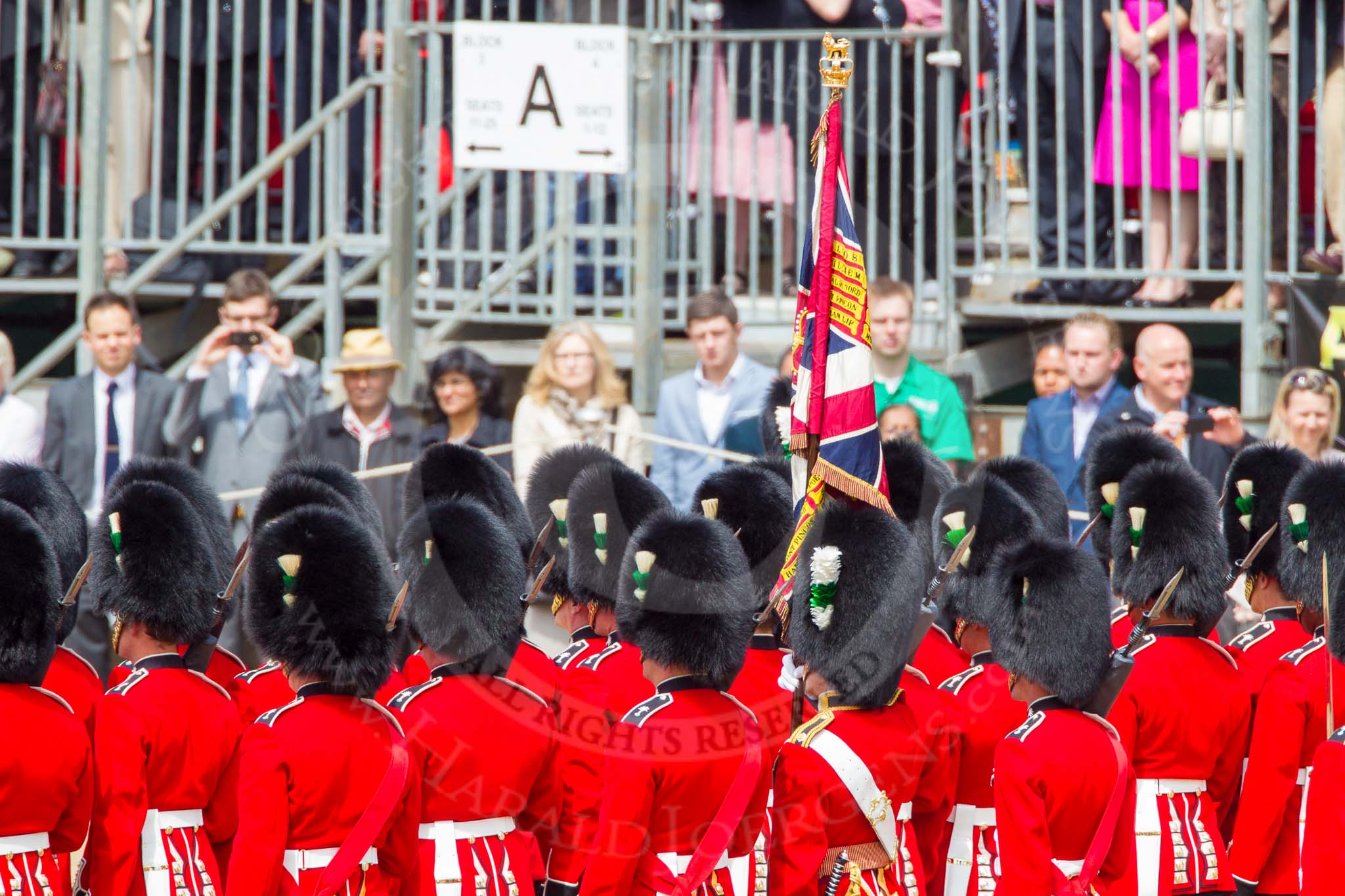 The Colonel's Review 2013: No. 1 Guard, the Escort to the Colour),1st Battalion Welsh Guards, with the Ensign carrting the Colour behind the lines of guardsmen, during the March Past..
Horse Guards Parade, Westminster,
London SW1,

United Kingdom,
on 08 June 2013 at 11:38, image #664